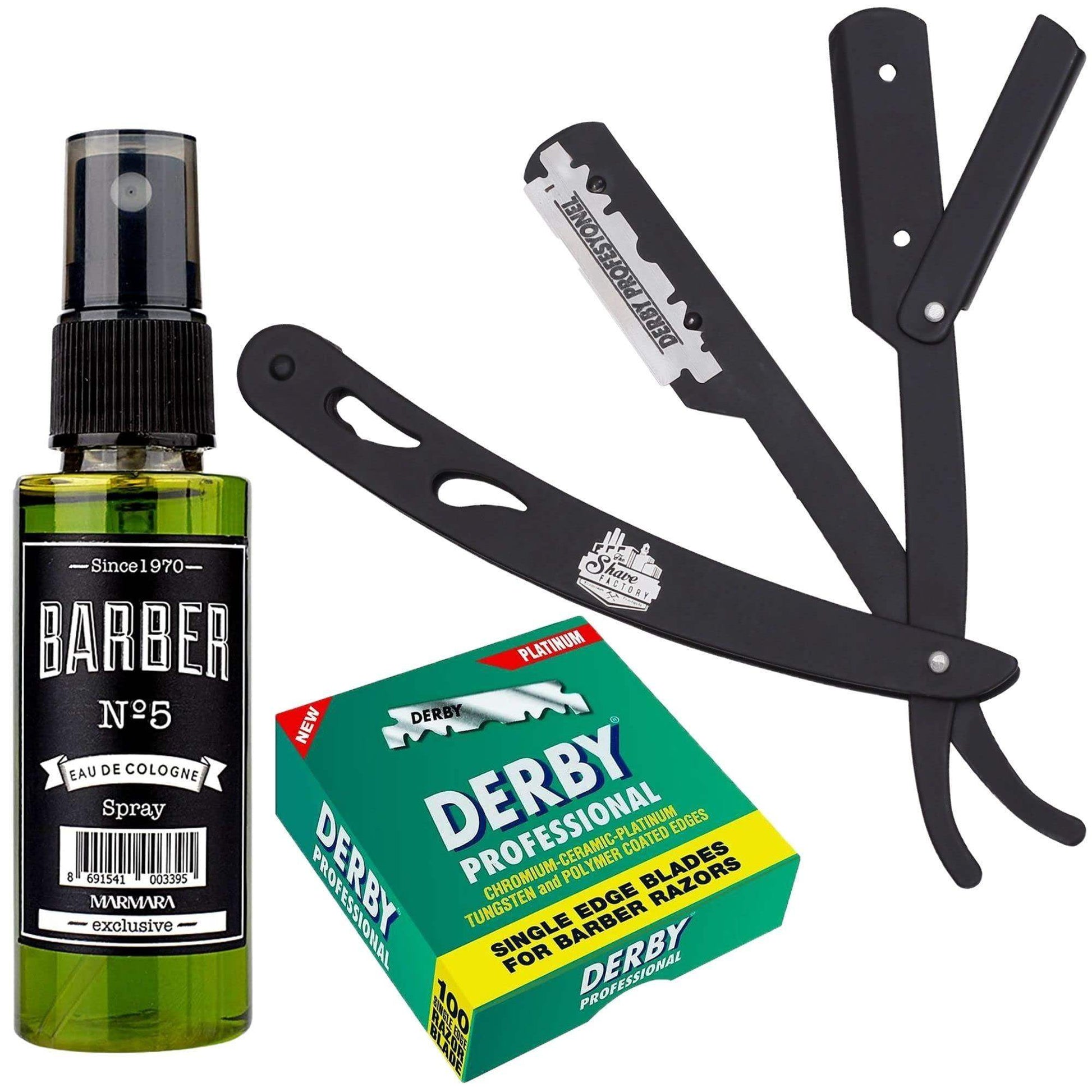 The Shave Factory Straight Edge Razor Kit (Black/Barber No5 Cologne 50ml / 100 Derby Professional Single Edge Razor Blades) - BarberSets
