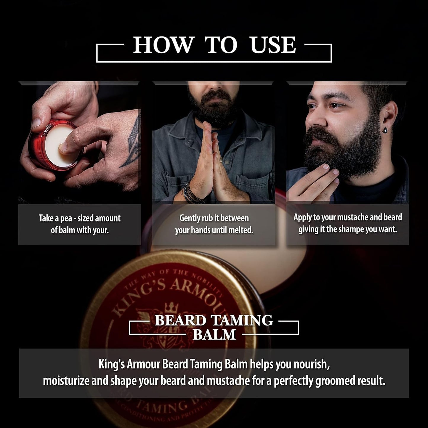 King's Armour Beard Balm - Styles, Strengthens, Softens and Nourishes Beards and Moustaches - Natural Beard Balm for Men with Argan, Jojoba and Sweet Almond Oil, 50 ml (1.69 Fl Oz)