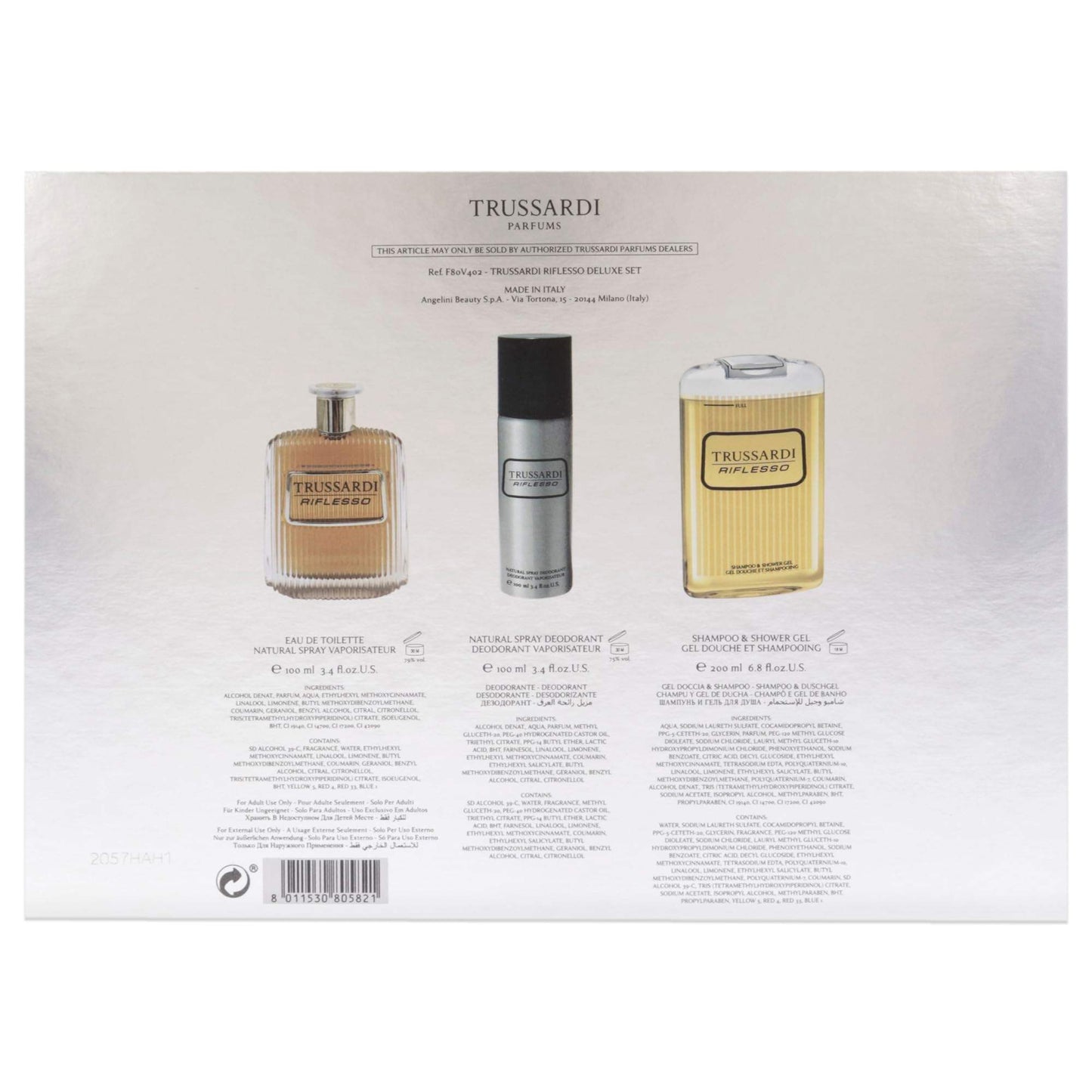 Trussardi Riflesso by Trussardi for Men - 3 Pc Gift Set 3.4oz EDT Spray, 6.8oz Shampoo and Shower Gel, 3.4oz Deodorant Spray