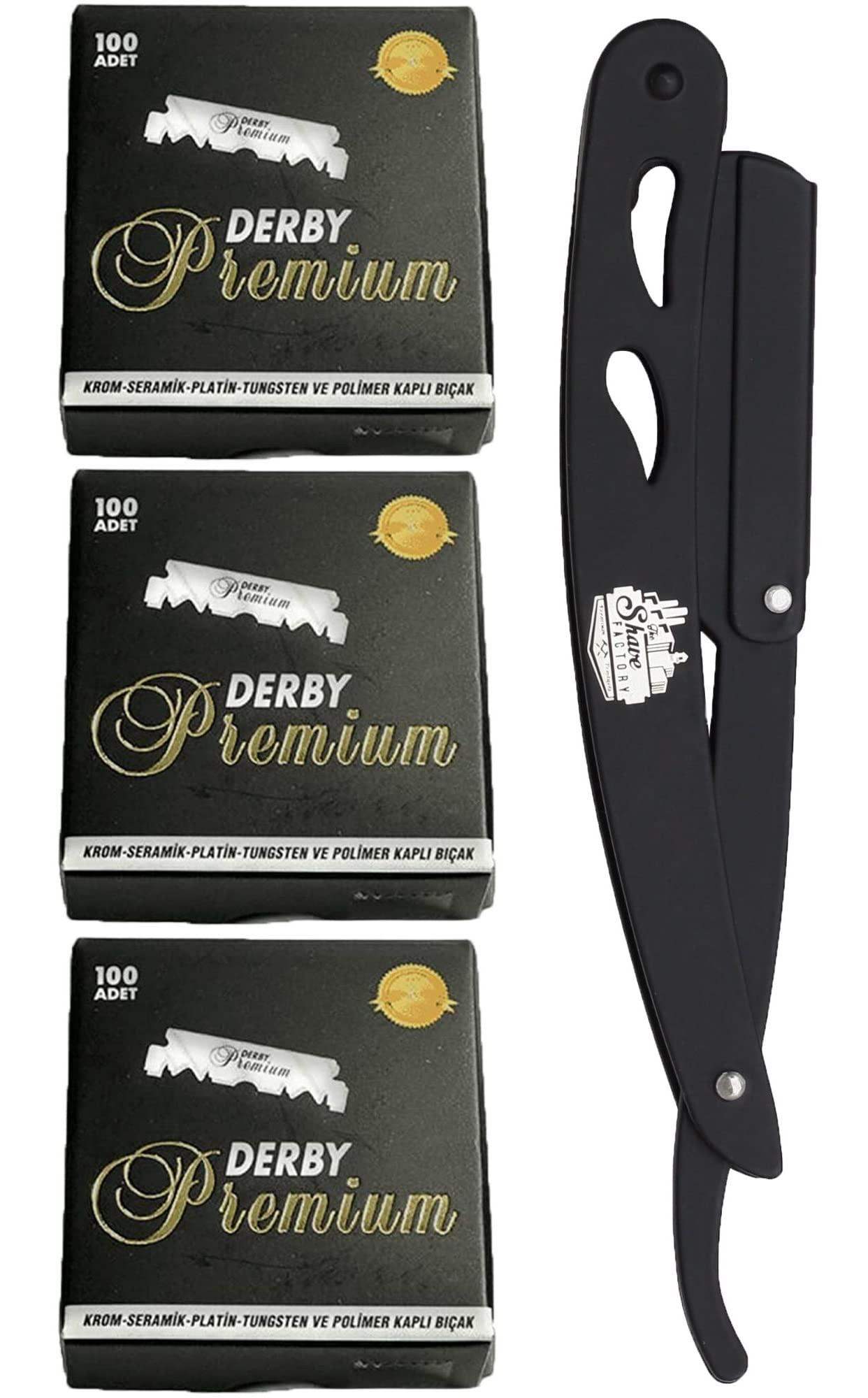 The Shave Factory Straight Edge Razor Kit (Black / 300 Derby Premium Single Edge Razor Blades) - BarberSets