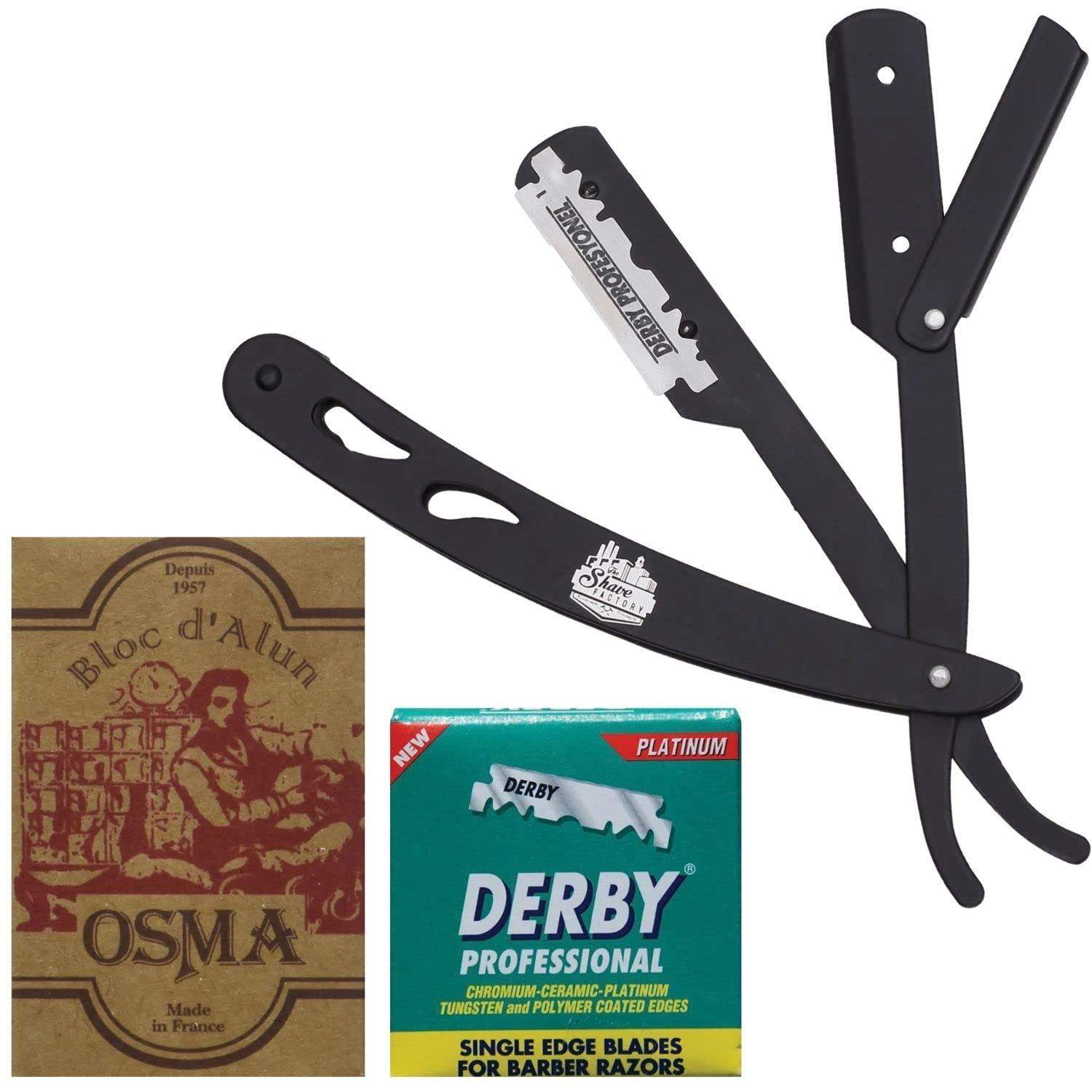 The Shave Factory Straight Edge Razor Kit (Black /100 Derby Professional Single Edge Razor Blades/Osma Alum Block) - BarberSets