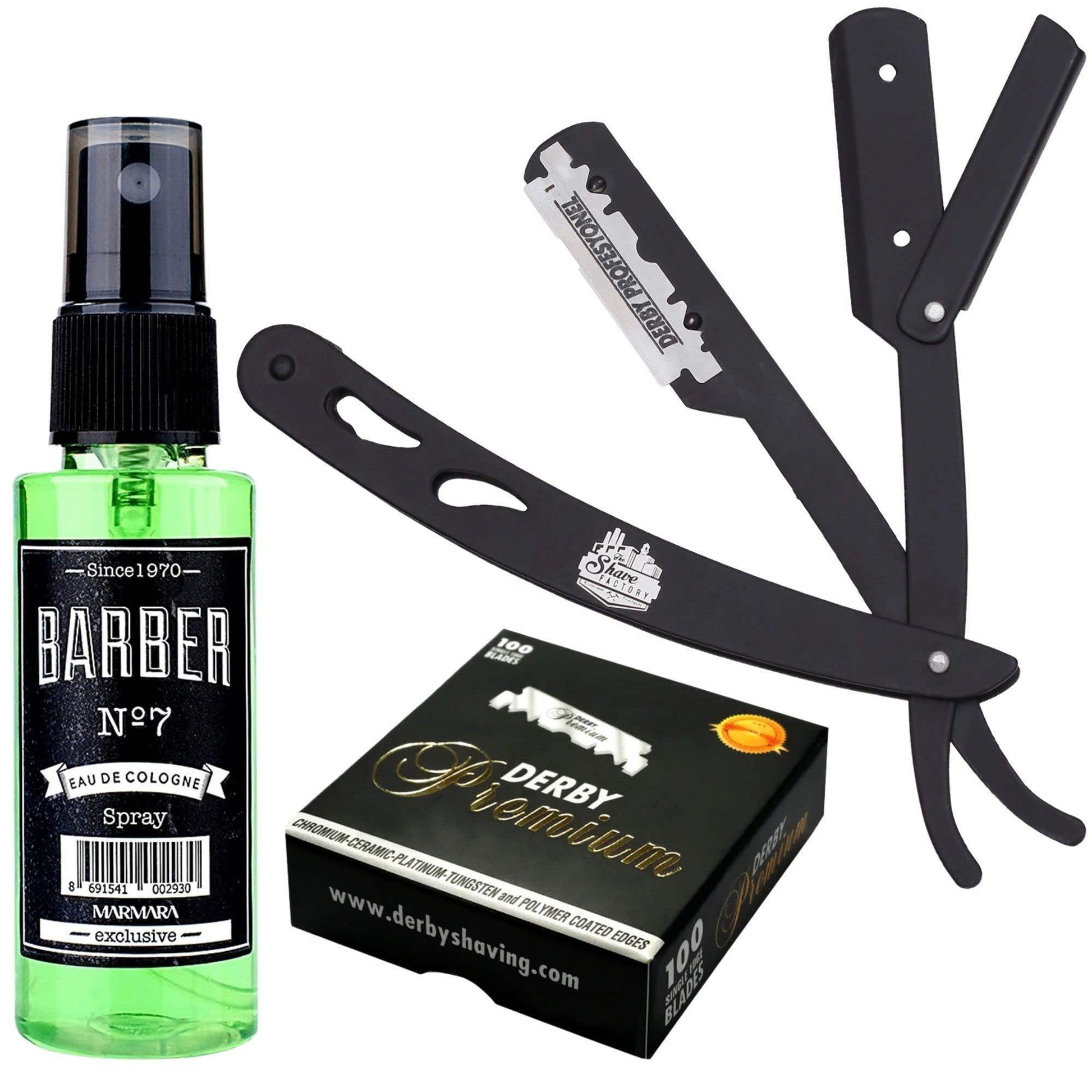 The Shave Factory Straight Edge Razor Kit (Black/Barber No7 Cologne 50ml / 100 Derby Premium Single Edge Razor Blades) - BarberSets