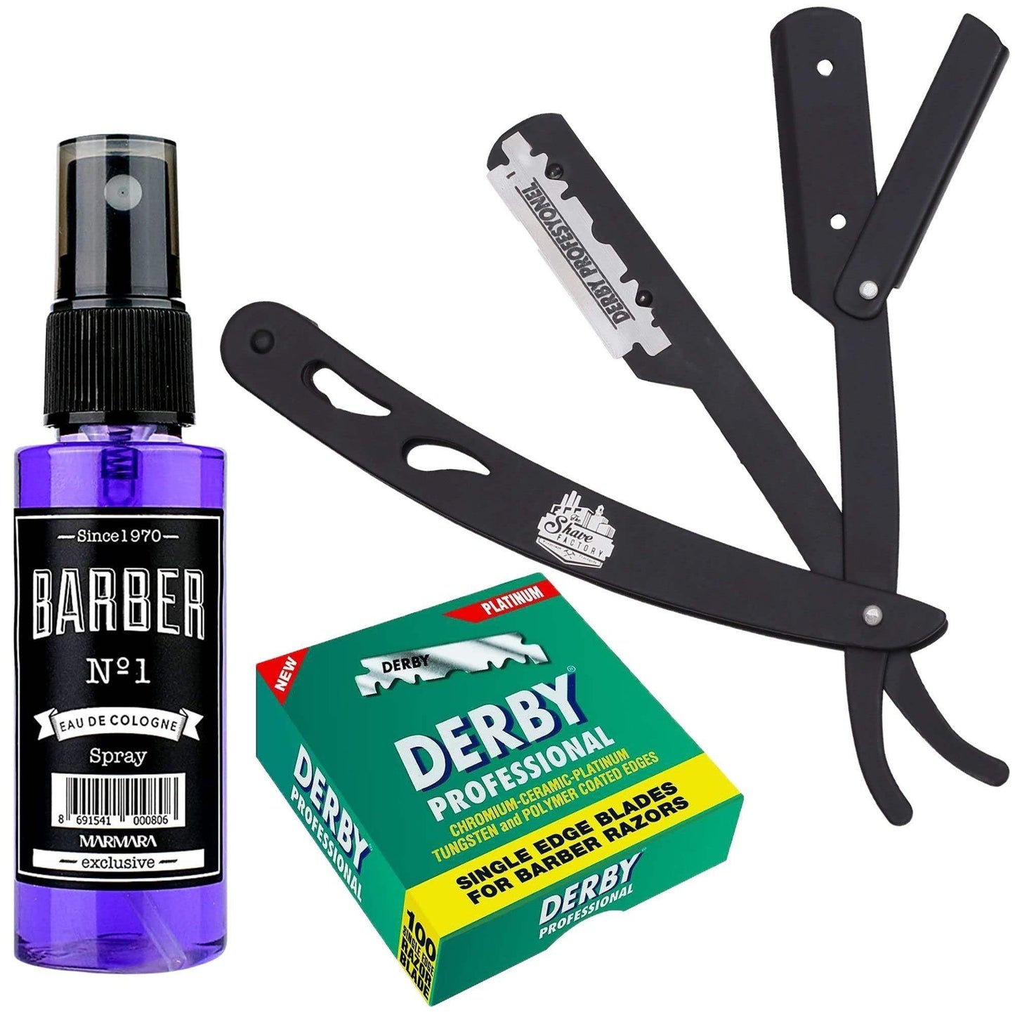 The Shave Factory Straight Edge Razor Kit (Black/Barber No1 Cologne 50ml / 100 Derby Professional Single Edge Razor Blades) - BarberSets