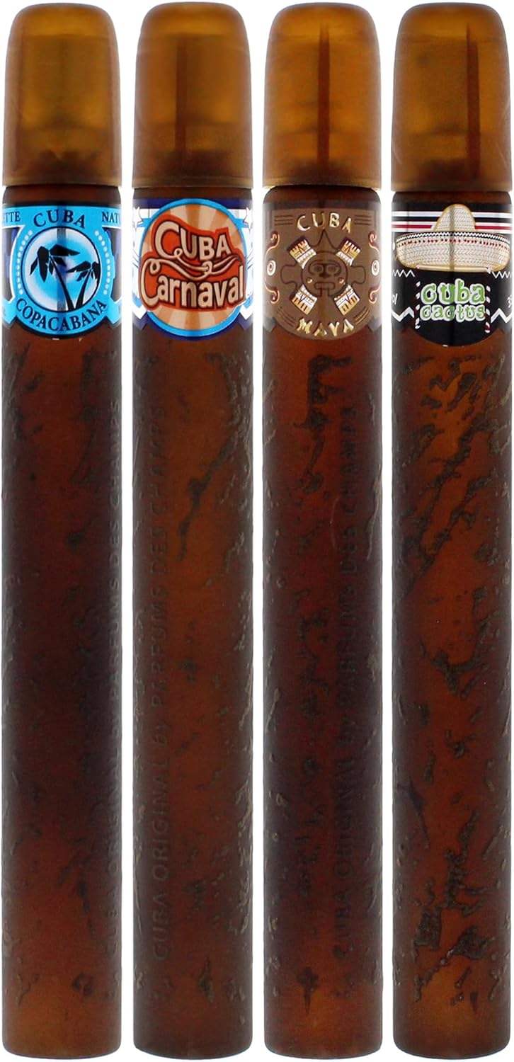 Cuba Latino Collection by Cuba for Men - 4 Pc Gift Set 1.17oz Cuba Copacabana EDT Spray, 1.17oz Cuba Maya EDT Spray, 1.17oz Cuba Carnaval EDT Spray, 1.17oz Cuba Cactus EDT Spray