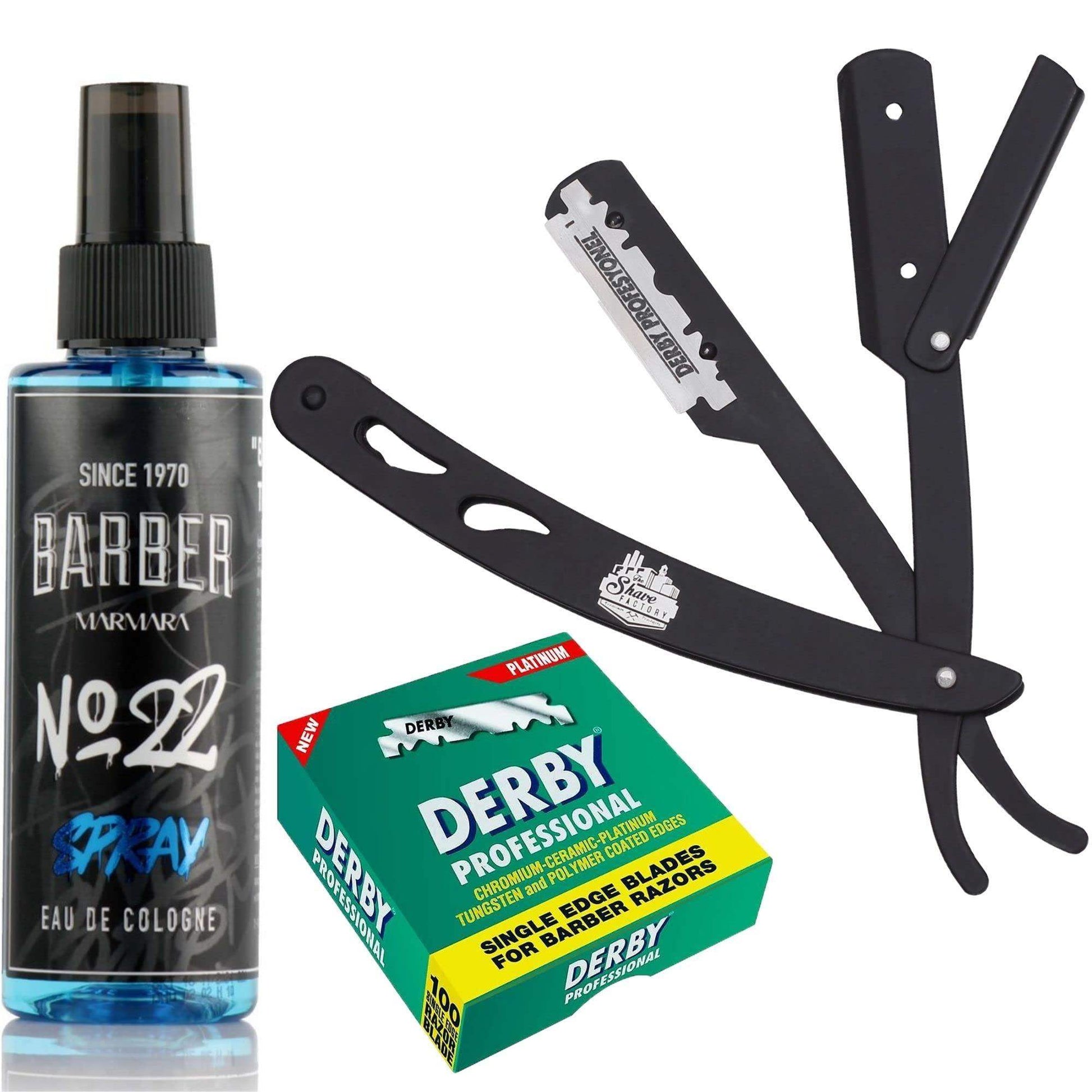 The Shave Factory Straight Edge Razor Kit (Black/Barber No22 50ml Cologne / 100 Derby Professional Single Edge Razor Blades) - BarberSets