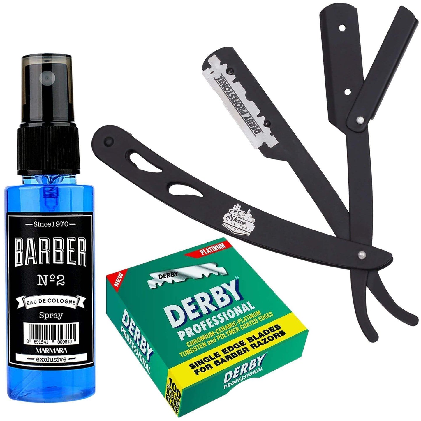 The Shave Factory Straight Edge Razor Kit (Black/Barber No2 Cologne 50ml / 100 Derby Professional Single Edge Razor Blades) - BarberSets