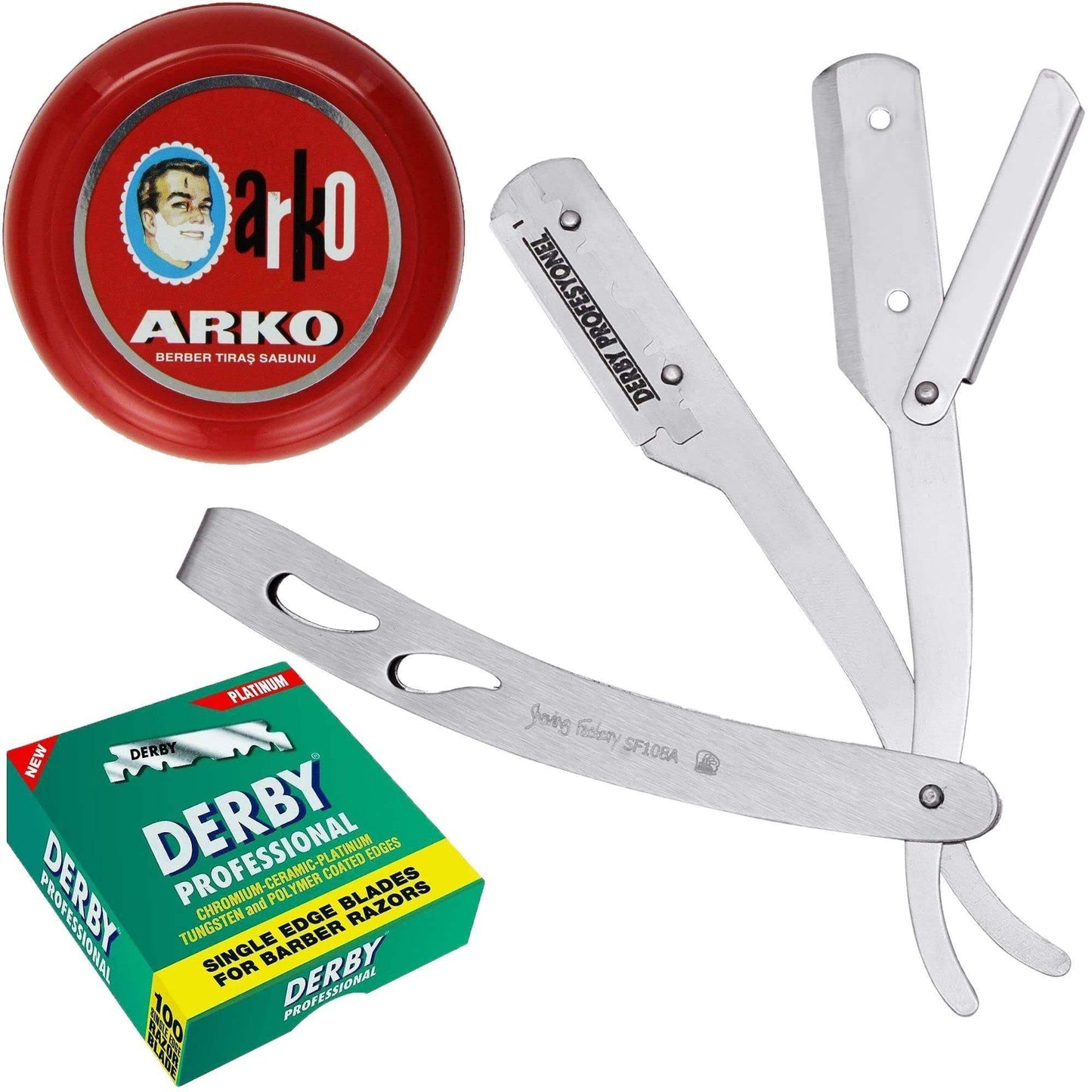 The Shave Factory Straight Edge Razor Kit (Matte/Arko Shaving Soap / 100 Derby Professional Single Edge Razor Blades) - BarberSets