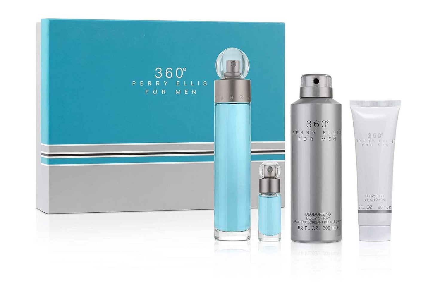 360 by Perry Ellis for Men - 4 Pc Gift Set 3.4oz EDT Spray, 6oz Deodorizing Body Spray, 3.0oz Shower Gel, 0.25oz EDT Spray