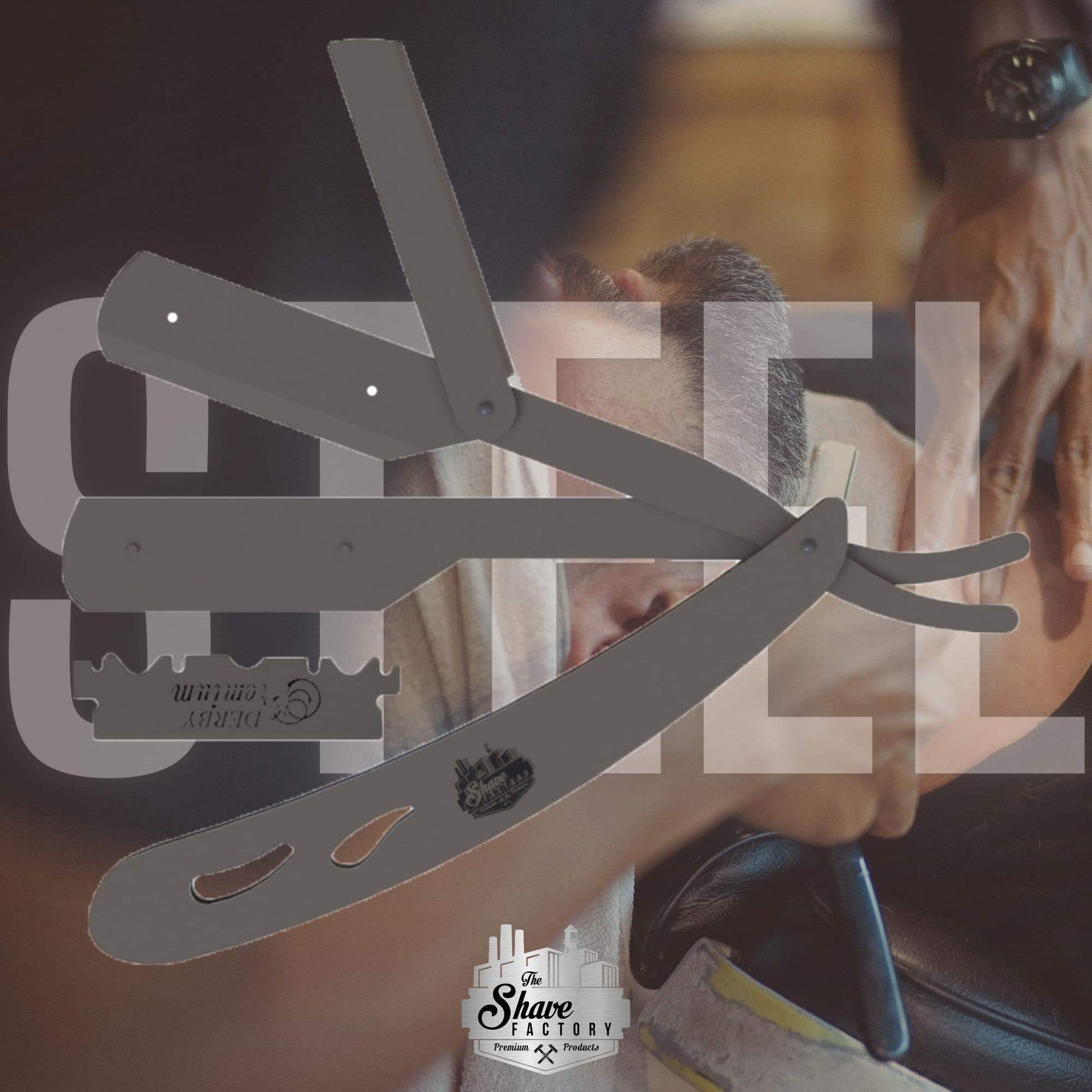 The Shave Factory Straight Edge Razor Kit (Steel Razor / 300 Derby Premium Single Edge Razor Blades) - BarberSets