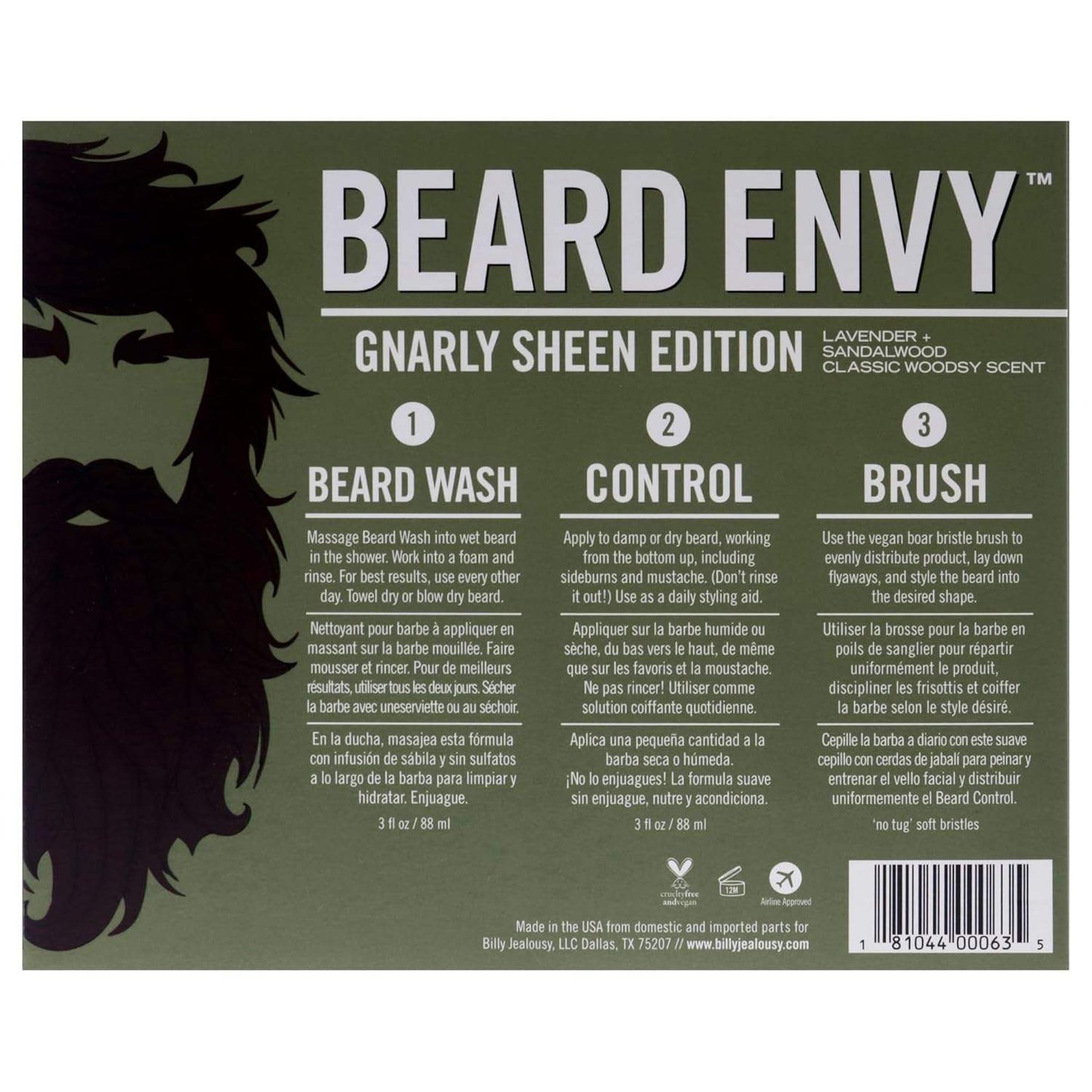 Beard Envy Kit by Billy Jealousy for Men - 3 Pc 3oz Beard Wash, 3oz Beard Control, Brush