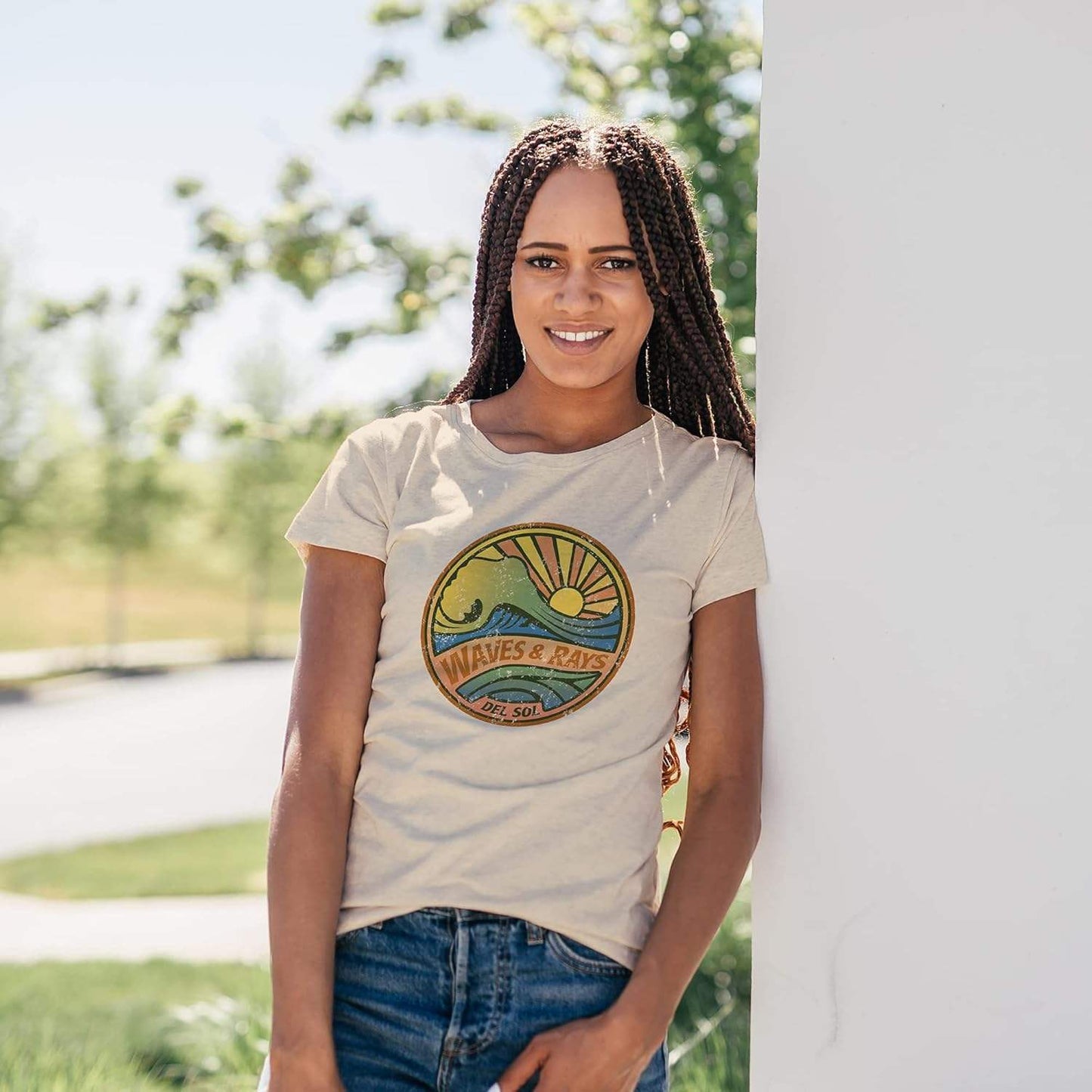 Women Crew Tee - Waves and Rays - Beige by DelSol for Women - 1 Pc T-Shirt (Small)