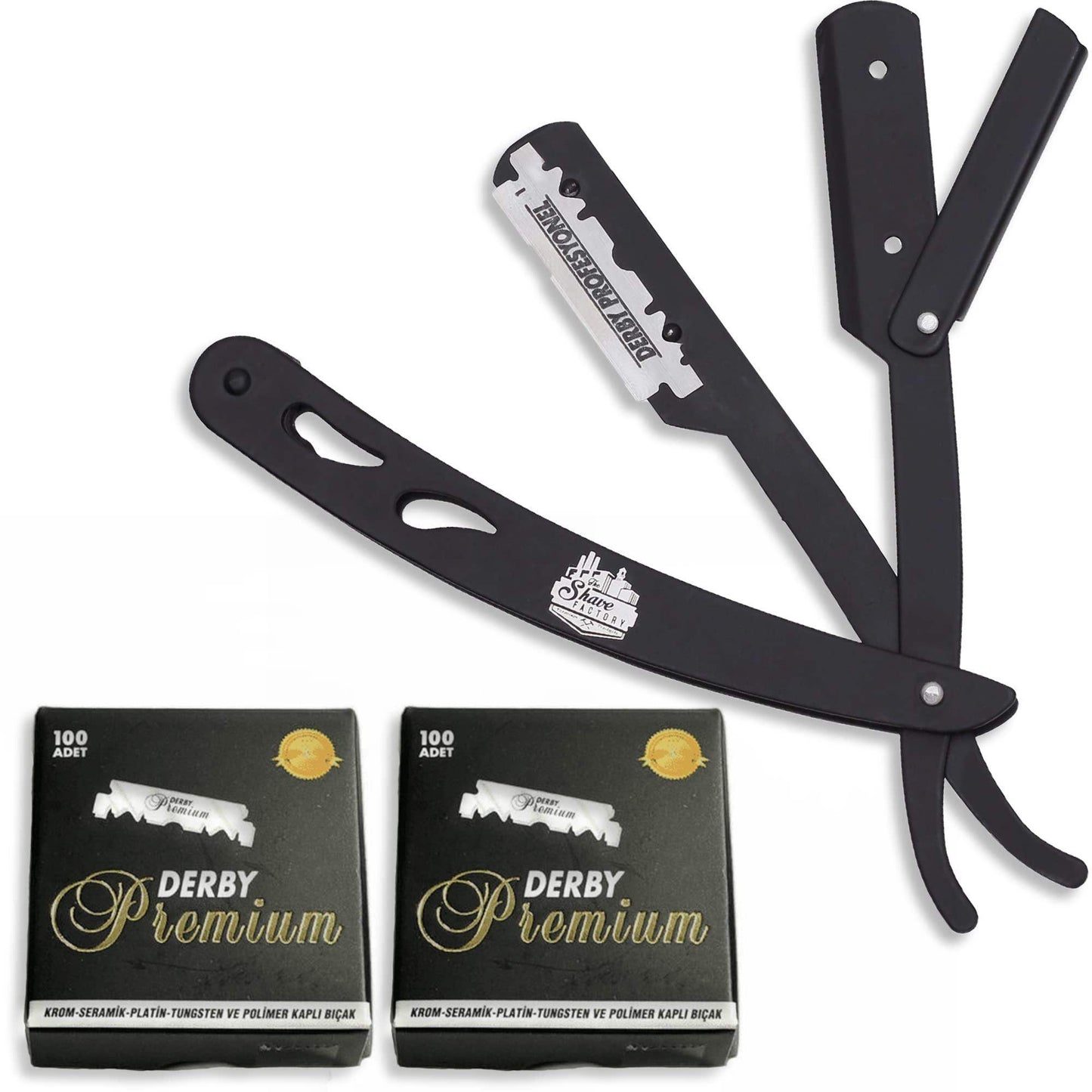 The Shave Factory Straight Edge Razor Kit (Black / 200 Derby Premium Single Edge Razor Blades) - BarberSets