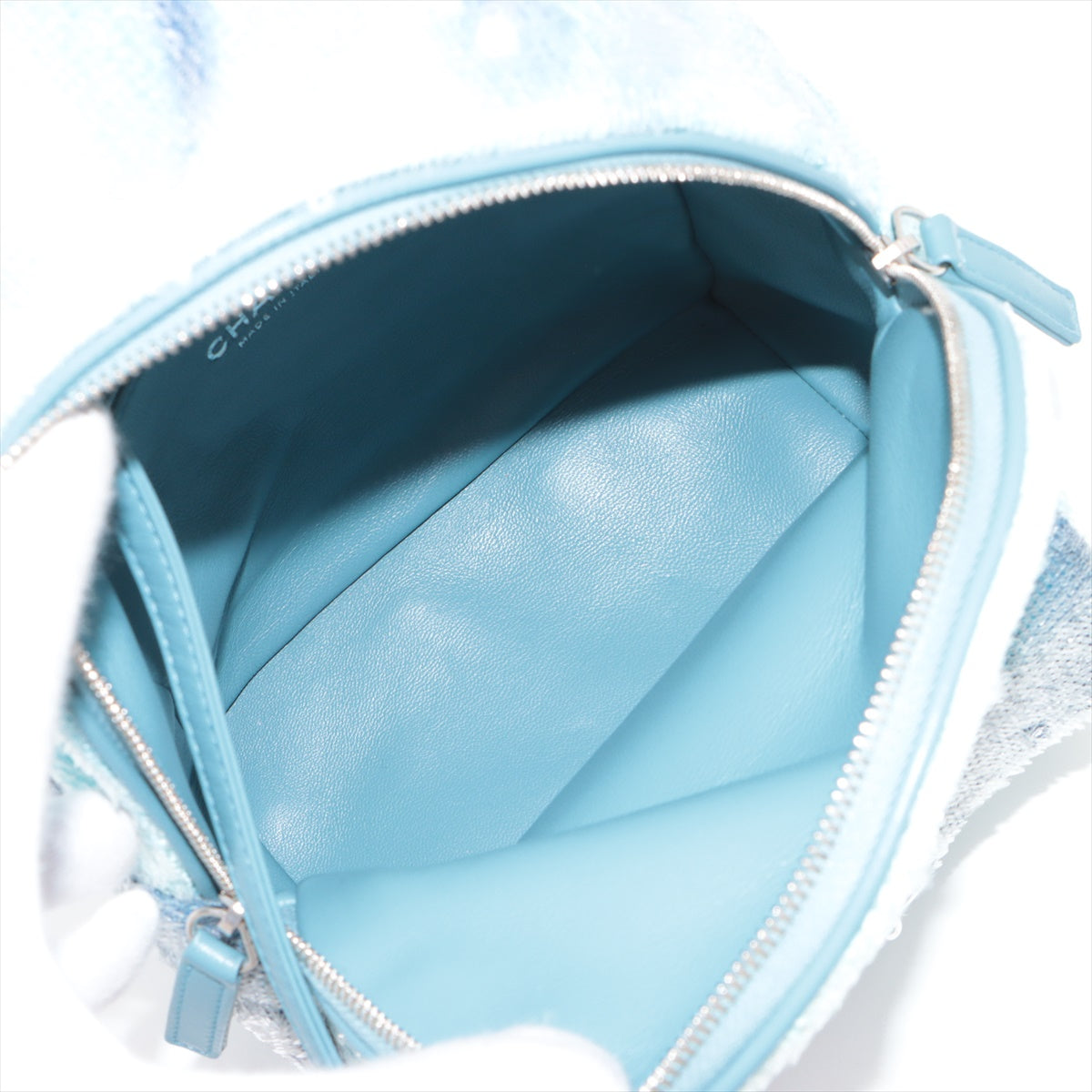 Chanel CC Logo Waterfall Sequins Leather Chain Backpack Light Blue