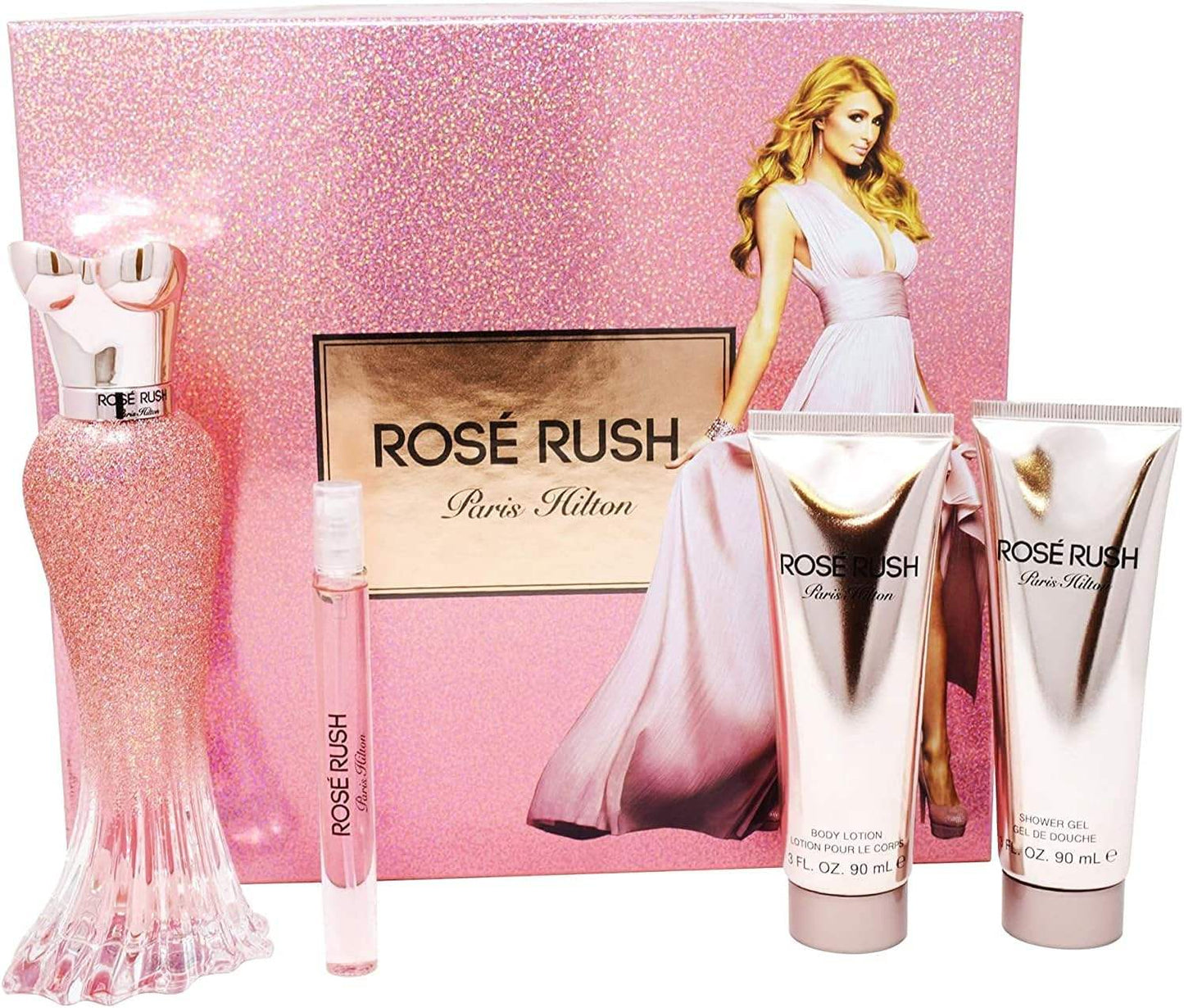 Rose Rush by Paris Hilton for Women - 4 Pc Gift Set 3.4oz EDP Spray, 3.0oz Body Lotion, 3.0oz Shower Gel, 0.33oz EDP Spray