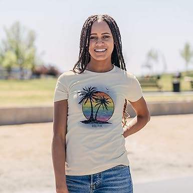 Women Crew Tee - Island Palm Sunset - Beige by DelSol for Women - 1 Pc T-Shirt (Small)