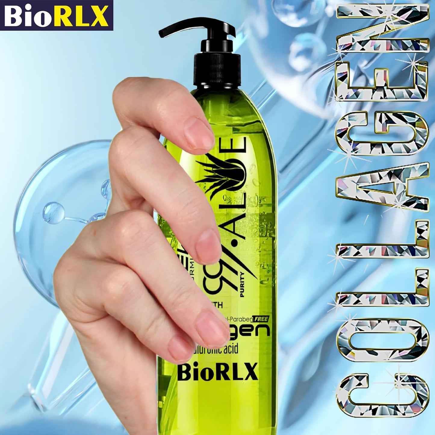 BioRLX 99% Purity Aloe Vera Gel with Collagen and Hyaluronic Acid with Pomp 250ml 8.45 fl oz