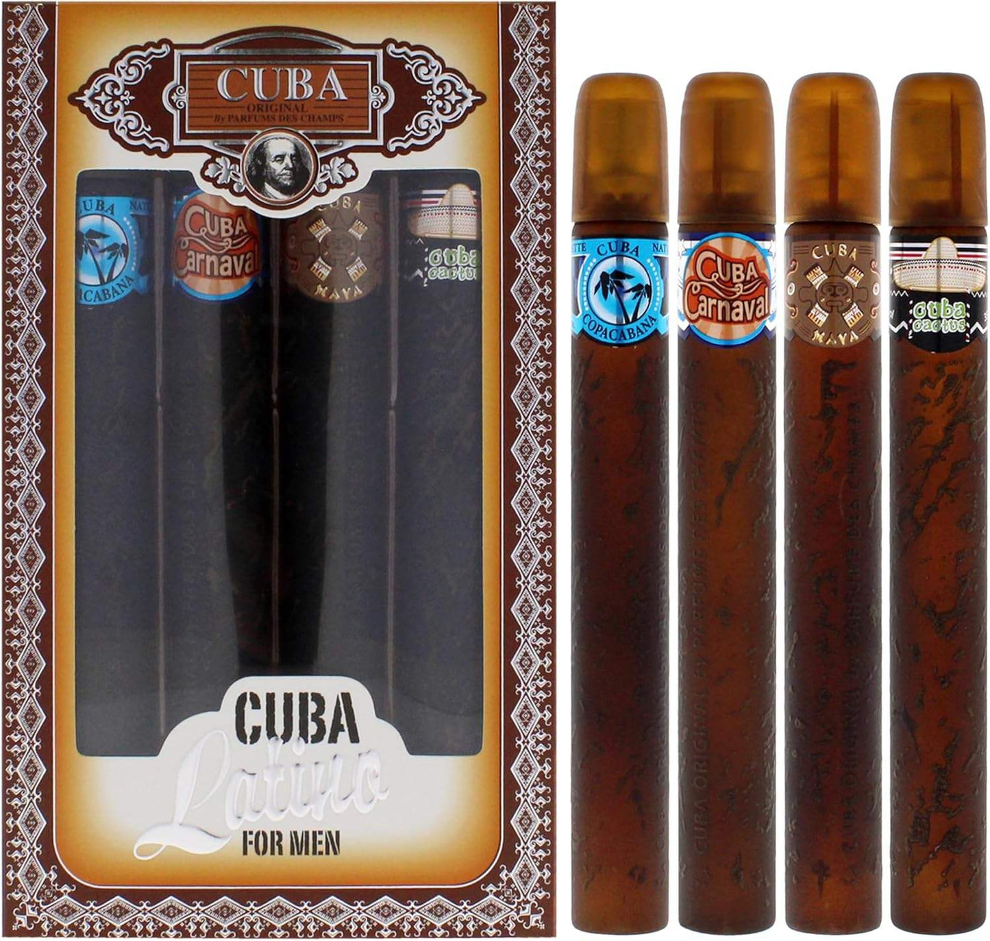 Cuba Latino Collection by Cuba for Men - 4 Pc Gift Set 1.17oz Cuba Copacabana EDT Spray, 1.17oz Cuba Maya EDT Spray, 1.17oz Cuba Carnaval EDT Spray, 1.17oz Cuba Cactus EDT Spray