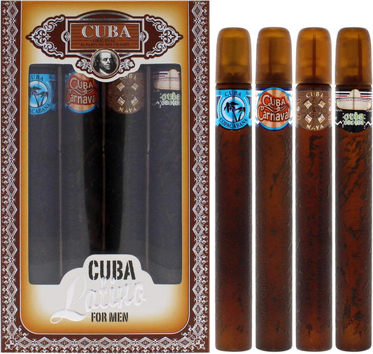 Cuba Latino Collection by Cuba for Men - 4 Pc Gift Set 1.17oz Cuba Copacabana EDT Spray, 1.17oz Cuba Maya EDT Spray, 1.17oz Cuba Carnaval EDT Spray, 1.17oz Cuba Cactus EDT Spray