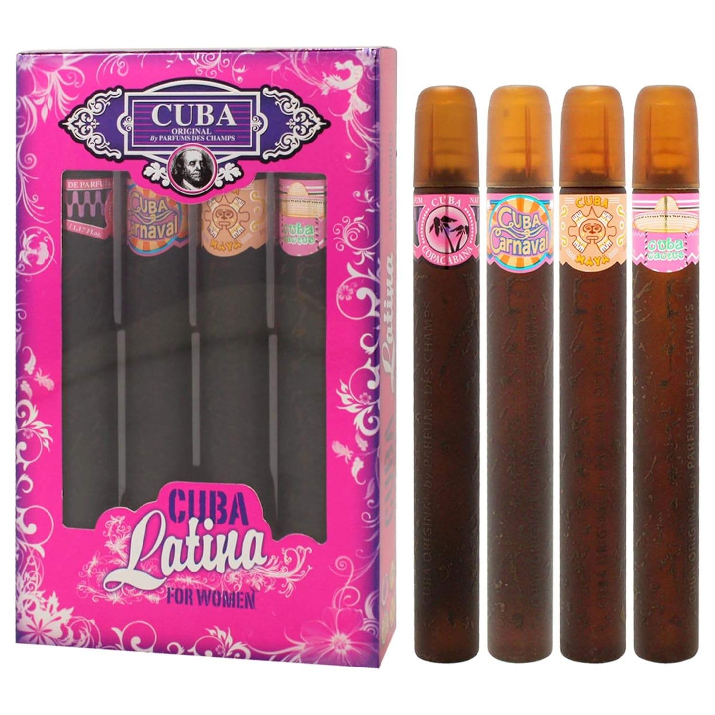 Cuba Latino Collection by Cuba for Women - 4 Pc Gift Set 1.17oz Cuba Copacabana EDP Spray, 1.17oz Cuba Maya EDP Spray, 1.17oz Cuba Carnaval EDP Spray, 1.17oz Cuba Cactus EDP Spray