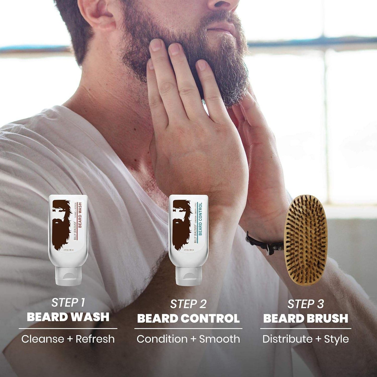Beard Envy Kit by Billy Jealousy for Men - 3 Pc 3oz Beard Wash, 3oz Beard Control, Brush