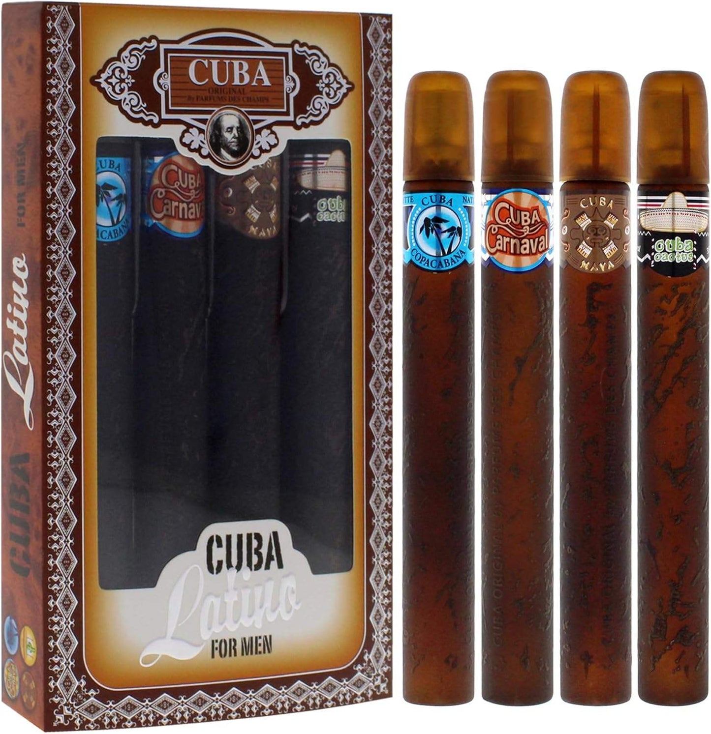Cuba Latino Collection by Cuba for Men - 4 Pc Gift Set 1.17oz Cuba Copacabana EDT Spray, 1.17oz Cuba Maya EDT Spray, 1.17oz Cuba Carnaval EDT Spray, 1.17oz Cuba Cactus EDT Spray
