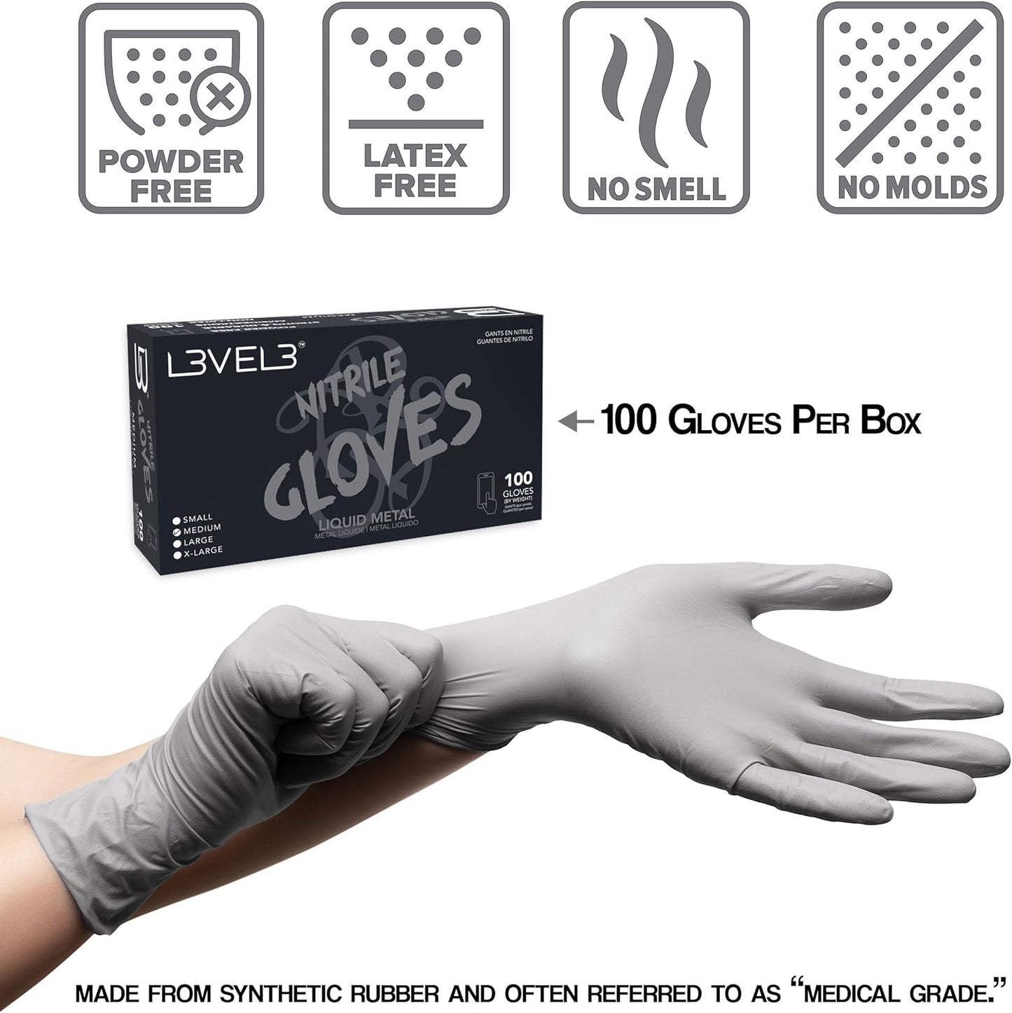 L3VEL3 Professional Nitrile Gloves Silver - 10 Pack, 1000 ct
