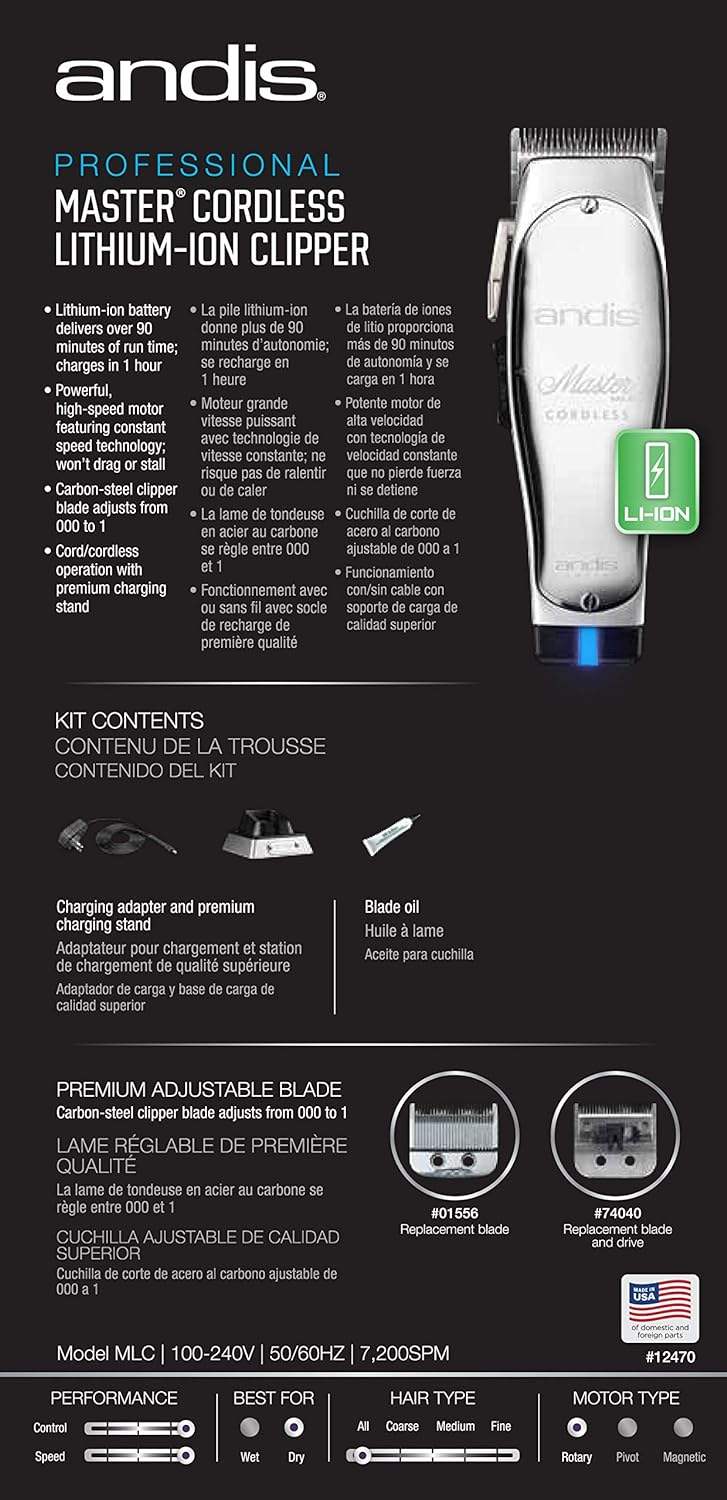 Andis 12470 Professional Master Corded/Cordless Hair & Beard Trimmer, Adjustable Carbon Steel Blade Hair Clipper for Close Cutting, Chrome, Silver - 5 Piece Set