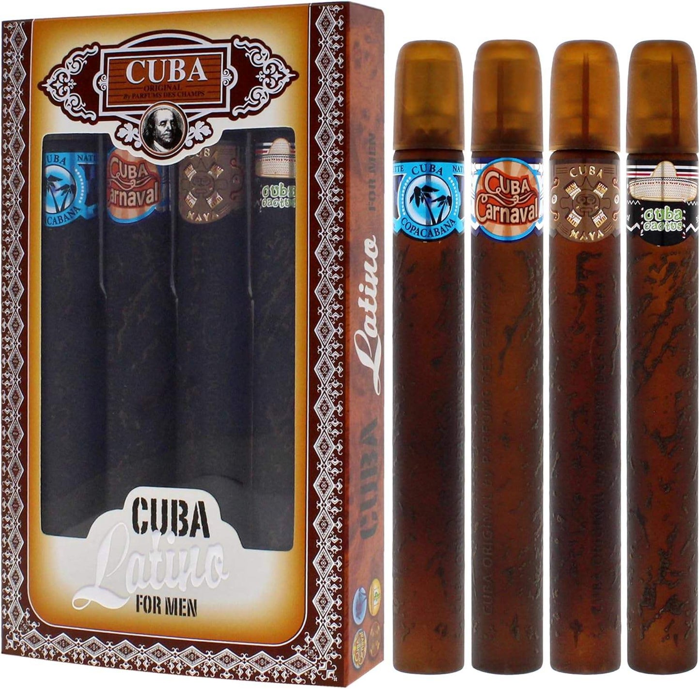 Cuba Latino Collection by Cuba for Men - 4 Pc Gift Set 1.17oz Cuba Copacabana EDT Spray, 1.17oz Cuba Maya EDT Spray, 1.17oz Cuba Carnaval EDT Spray, 1.17oz Cuba Cactus EDT Spray