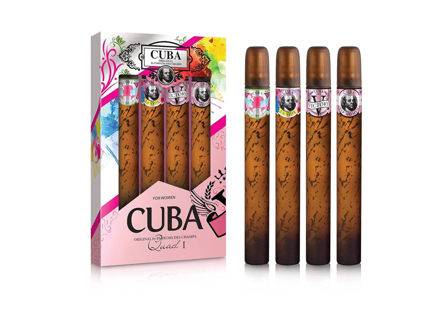Cuba Quad I by Cuba for Women - 4 Pc Gift Set 1.17oz Cuba Heartbreak EDP Spray, 1.17oz Cuba La Vida EDP Spray, 1.17oz Cuba Victory EDP Spray, 1.17oz Cuba VIP EDP Spray