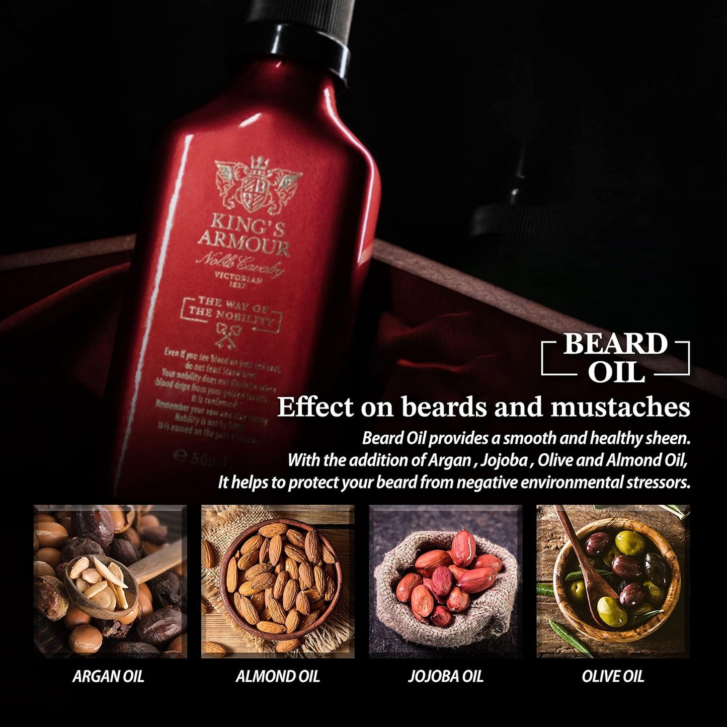 King’s Armour Beard Oil (1.69 oz) – Softens, Strengthens, Grows and Grooms – Unique Oils of Jojoba, Argan, and Sweet Almond – Refreshes All Day Long with Its Magical Scent