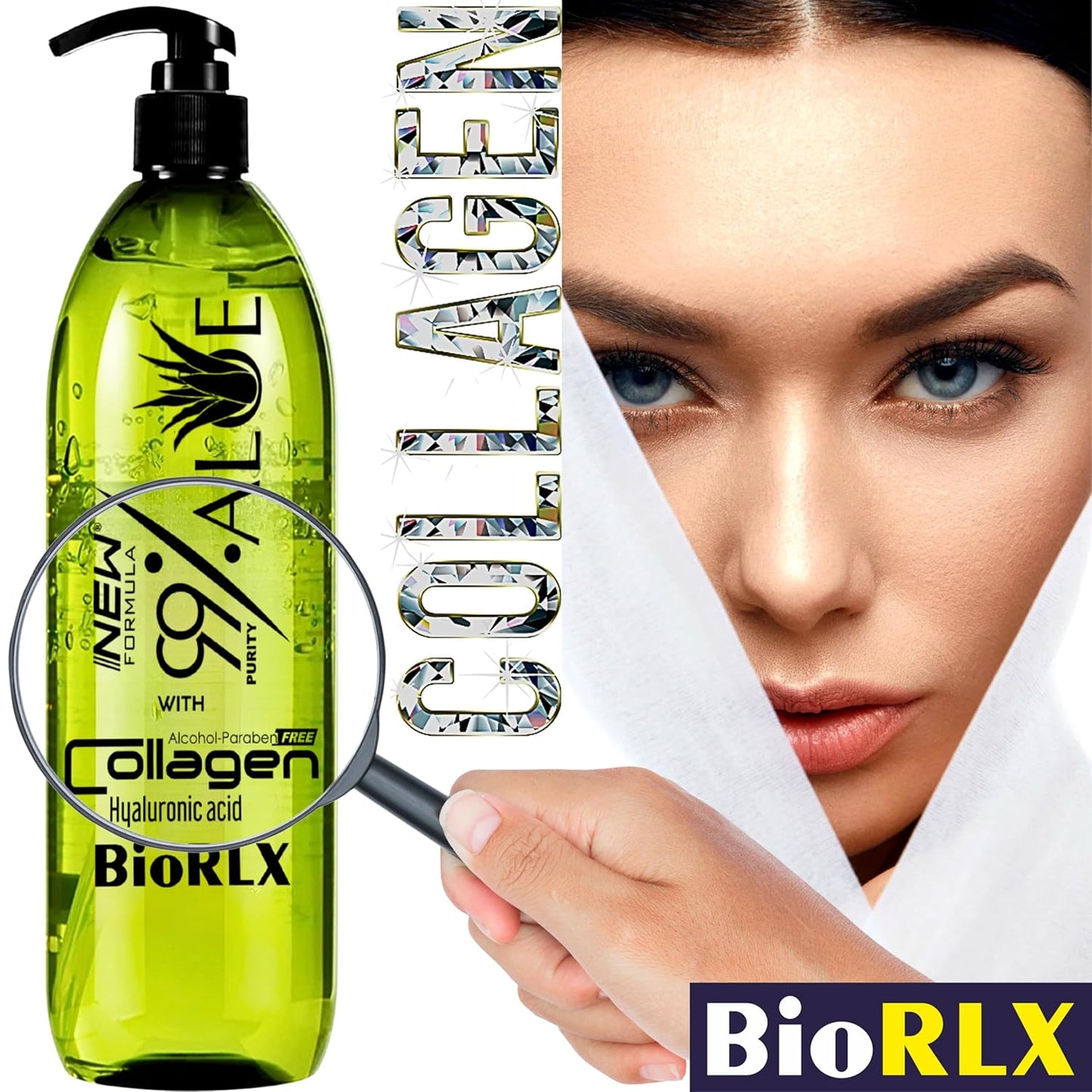 BioRLX 99% Purity Aloe Vera Gel with Collagen and Hyaluronic Acid with Pomp 250ml 8.45 fl oz