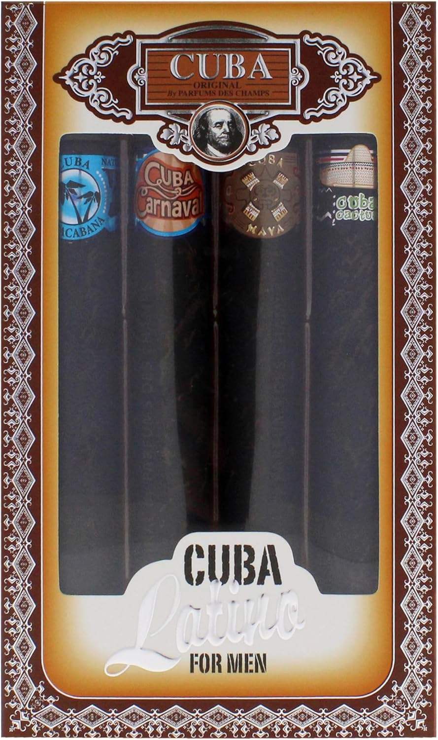 Cuba Latino Collection by Cuba for Men - 4 Pc Gift Set 1.17oz Cuba Copacabana EDT Spray, 1.17oz Cuba Maya EDT Spray, 1.17oz Cuba Carnaval EDT Spray, 1.17oz Cuba Cactus EDT Spray