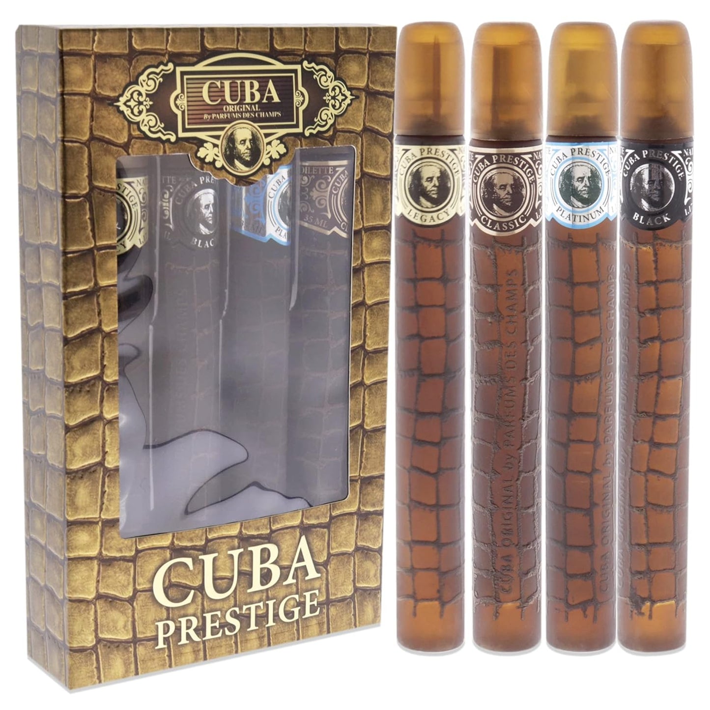 Cuba America by Cuba for Men - 4 Pc Gift Set 1.17oz EDT Spray Black, 1.17oz EDT Spray Green, 1.17oz EDT Spray Brown, 1.17oz EDT Spray Grey