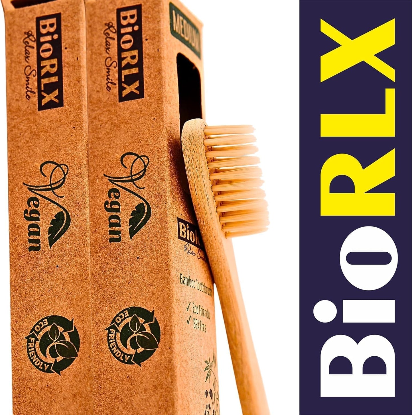 BioRLX Bamboo Toothbrush - Biodegradable Wooden Toothbrushes, Natural BPA Free - Wooden Toothbrush, Eco-Friendly - Compostable and Durable (Two Pieces, Medium)