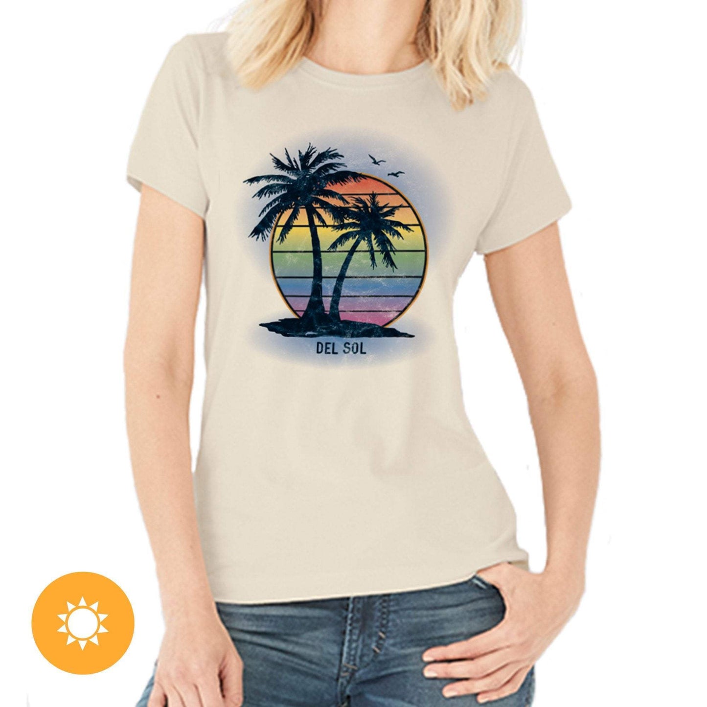 Women Crew Tee - Island Palm Sunset - Beige by DelSol for Women - 1 Pc T-Shirt (Large)