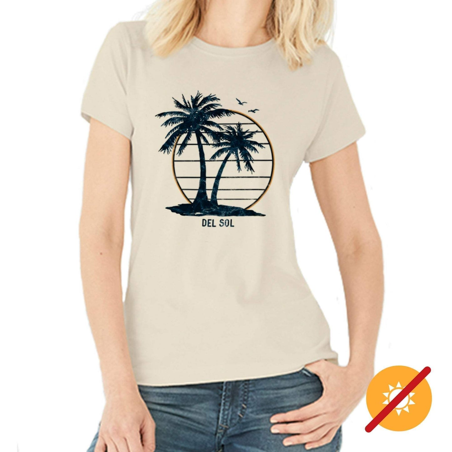 Women Crew Tee - Island Palm Sunset - Beige by DelSol for Women - 1 Pc T-Shirt (Small)