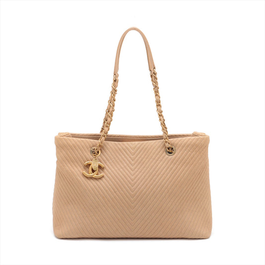 Chanel Chevron Leather Chain Tote Bag Beige