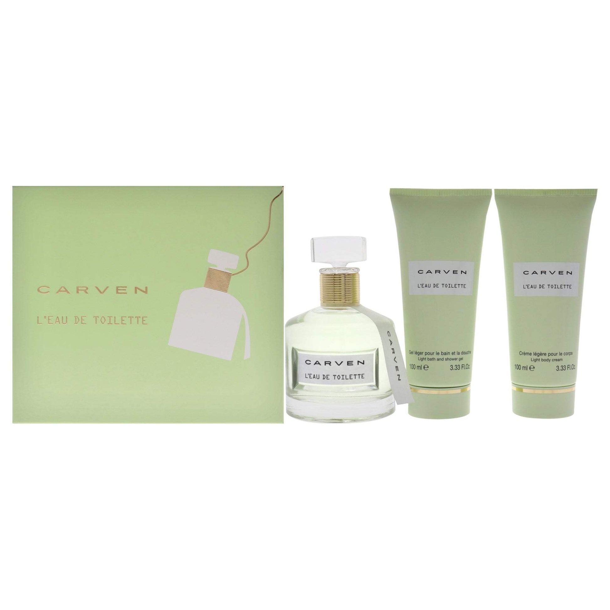LEau De Toilette by Carven for Women - 3 Pc Gift Set 3.33oz EDT Spray, 3.33oz Light Body Cream, 3.33oz Ligth Bath and Shower Gel