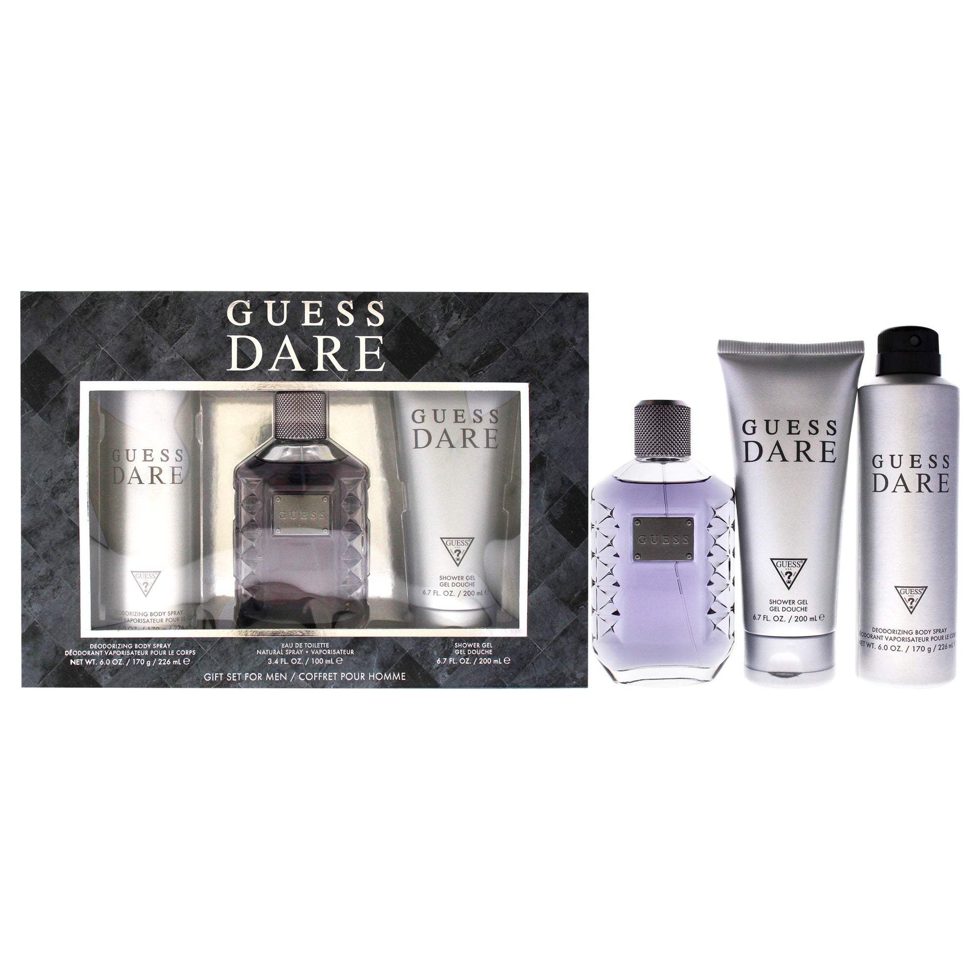 Guess Dare by Guess for Men - 3 Pc Gift Set 3.4oz EDT Spray, 6.0oz Deodorant Body Spray, 6.7oz Shower Gel