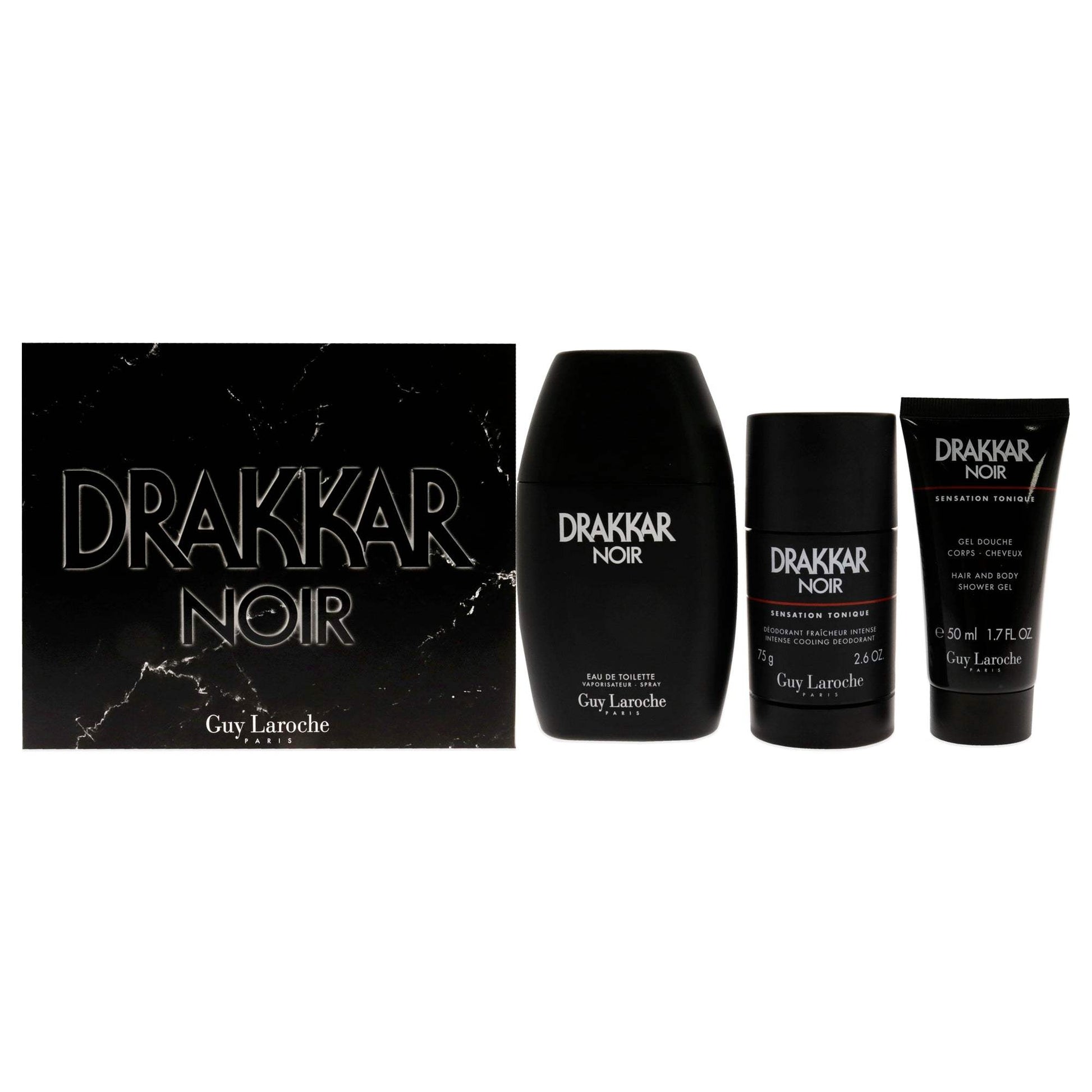 Drakkar Noir by Guy Laroche for Men - 3 Pc Gift Set 3.4oz EDT Spray, 2.6oz Deodorant Stick, 1.7oz Shower Gel