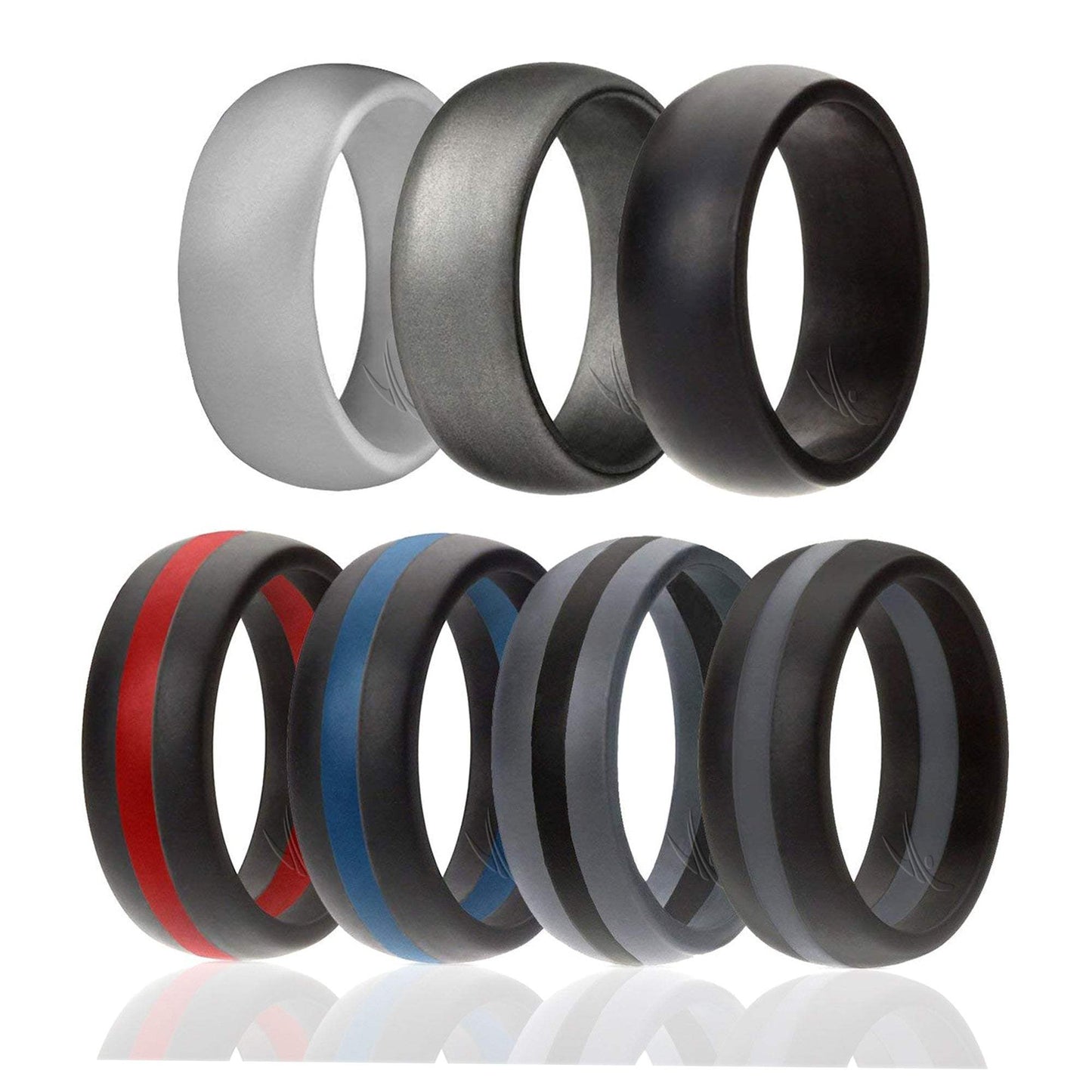 Silicone Wedding Ring - Dome Style with Middle Line Set by ROQ for Men - 7 x 7 mm Light Grey, Platinum, Black, Black with Thin Red Line, Black with Thin Blue Line, Grey with Black Line, Black with Grey Line