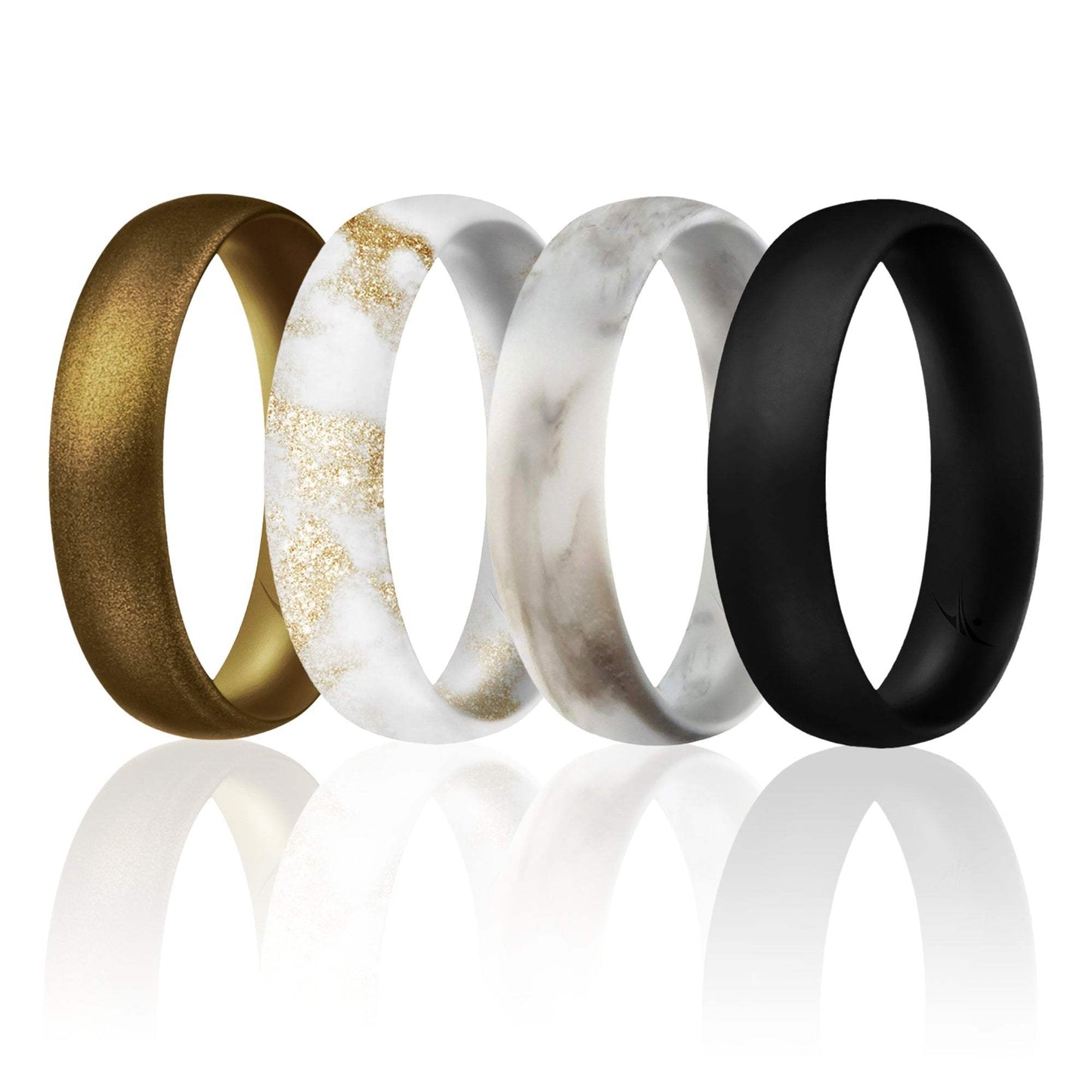 Silicone Wedding Ring - Dome Style Thin Comfort Fit Set by ROQ for Women - 8 mm Marble White with Black, Marble White with Metal Bronze, Black, Metal Bronze