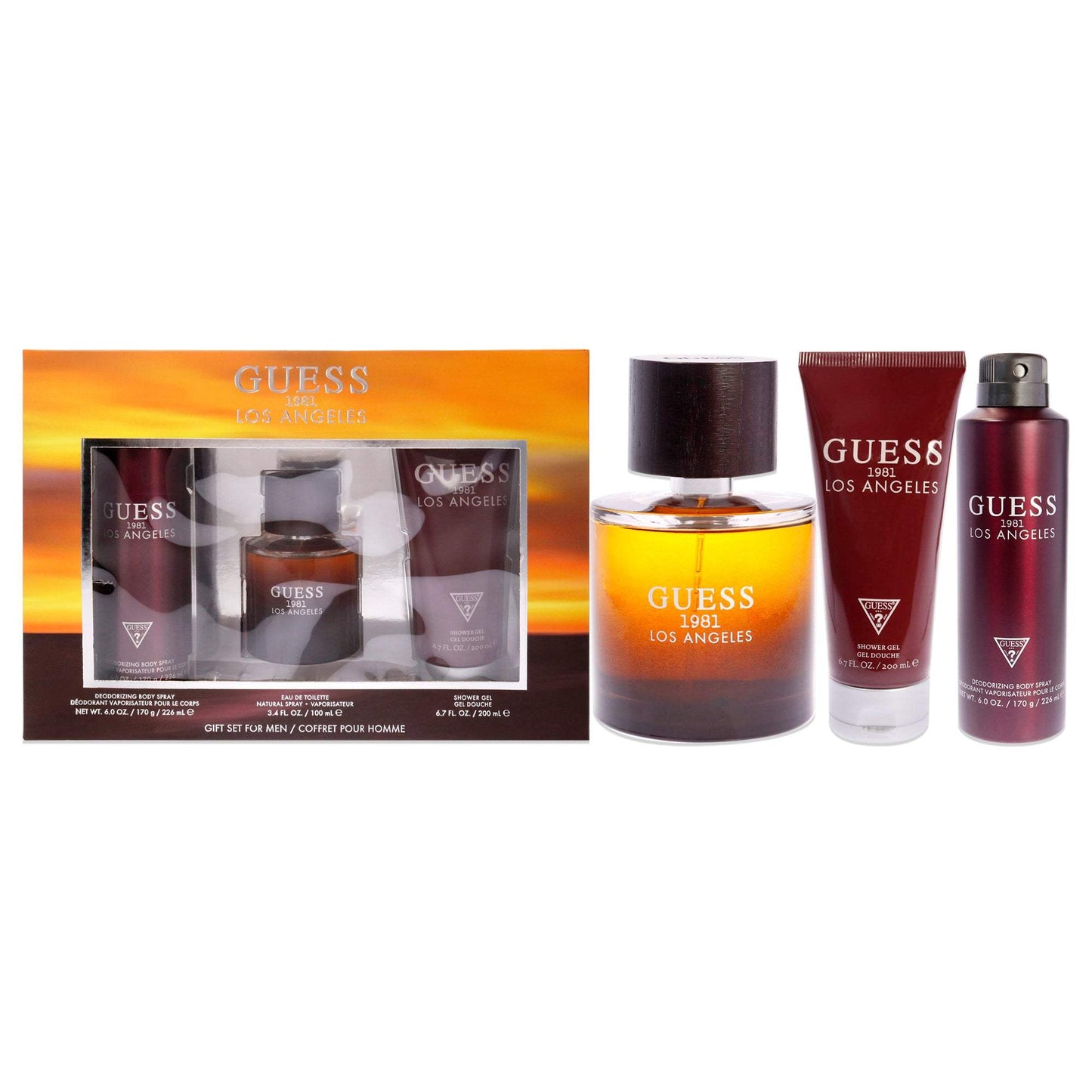 Guess 1981 Los Angeles by Guess for Men - 3 Pc Gift Set 3.4oz EDT Spray, 6.0oz Body Spray, 6.7oz Shower Gel