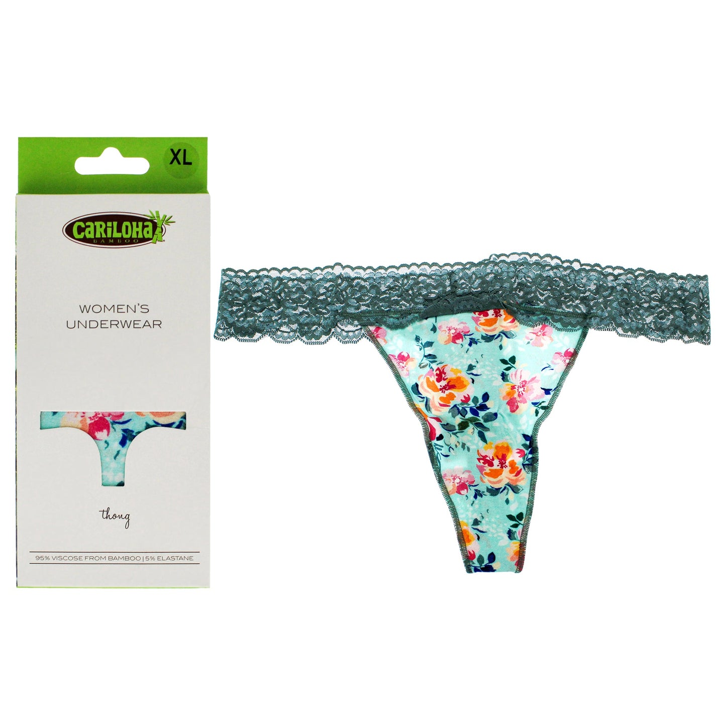 Bamboo Lace Thong - Aqua Floral by Cariloha for Women - 1 Pc Underwear (XL)