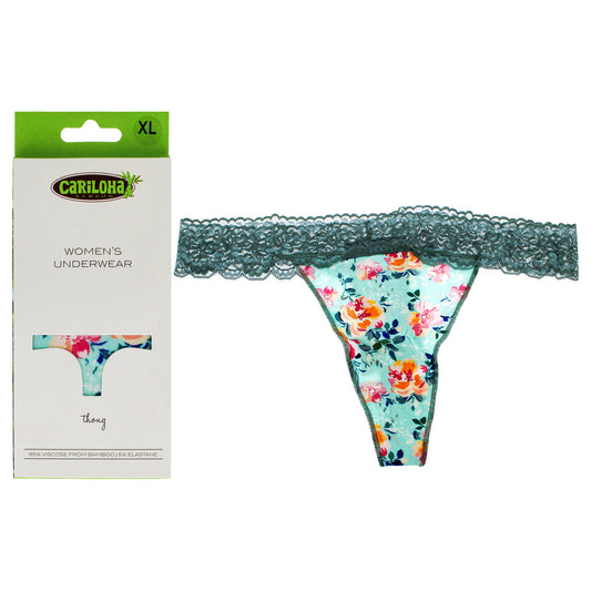 Bamboo Lace Thong - Aqua Floral by Cariloha for Women - 1 Pc Underwear (XL)