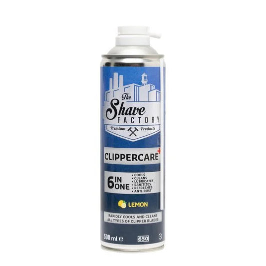 Can of 'The Shave Factory' ClipperCare with lemon scent on a white background