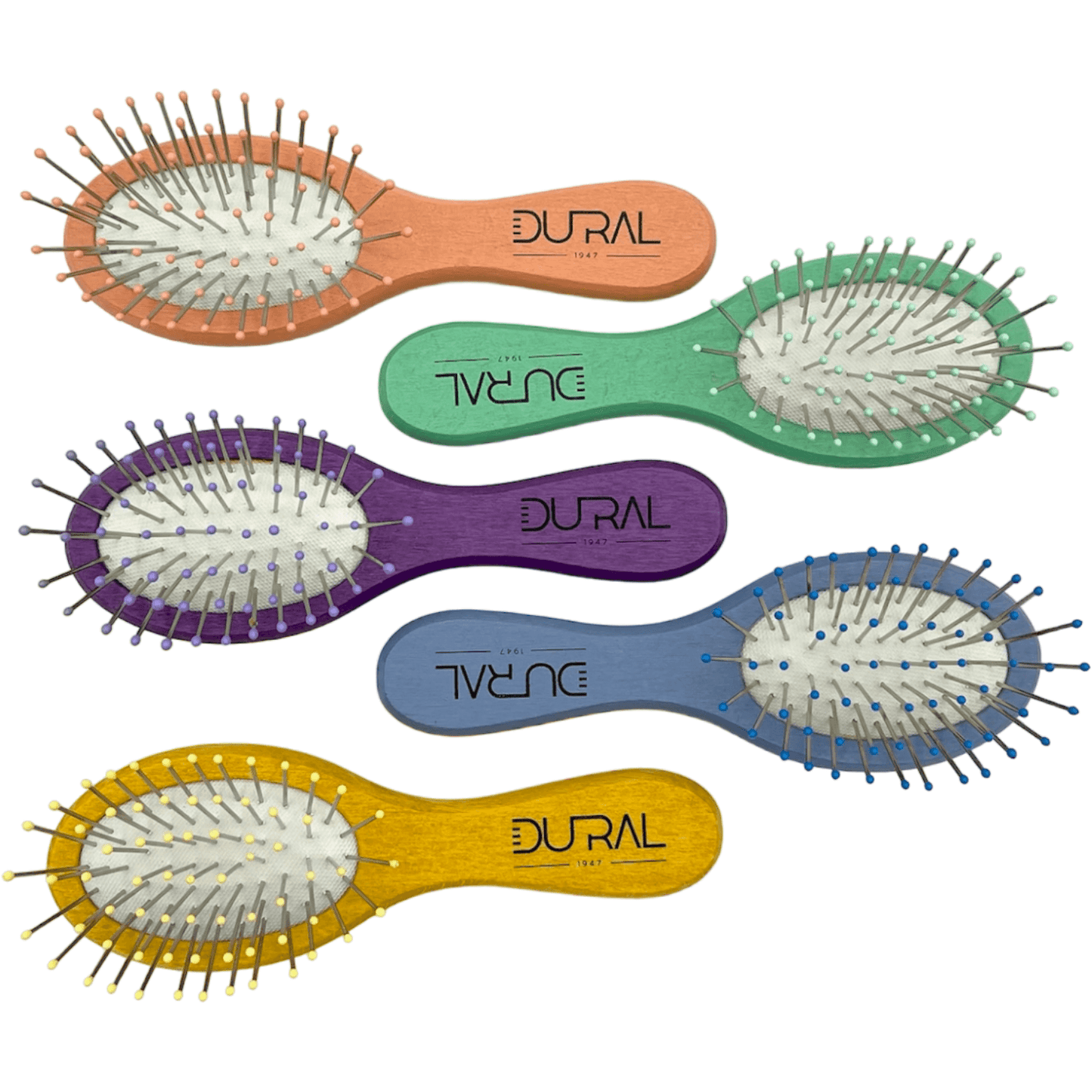 Dural Beech wood rubber cushion mini brush with steel pins and ball tips - assorted colors