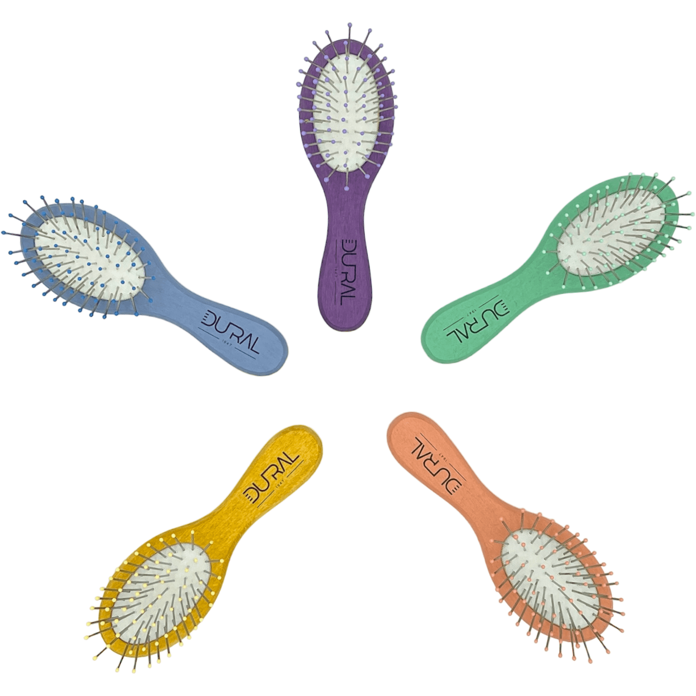 Dural Beech wood rubber cushion mini brush with steel pins and ball tips - assorted colors