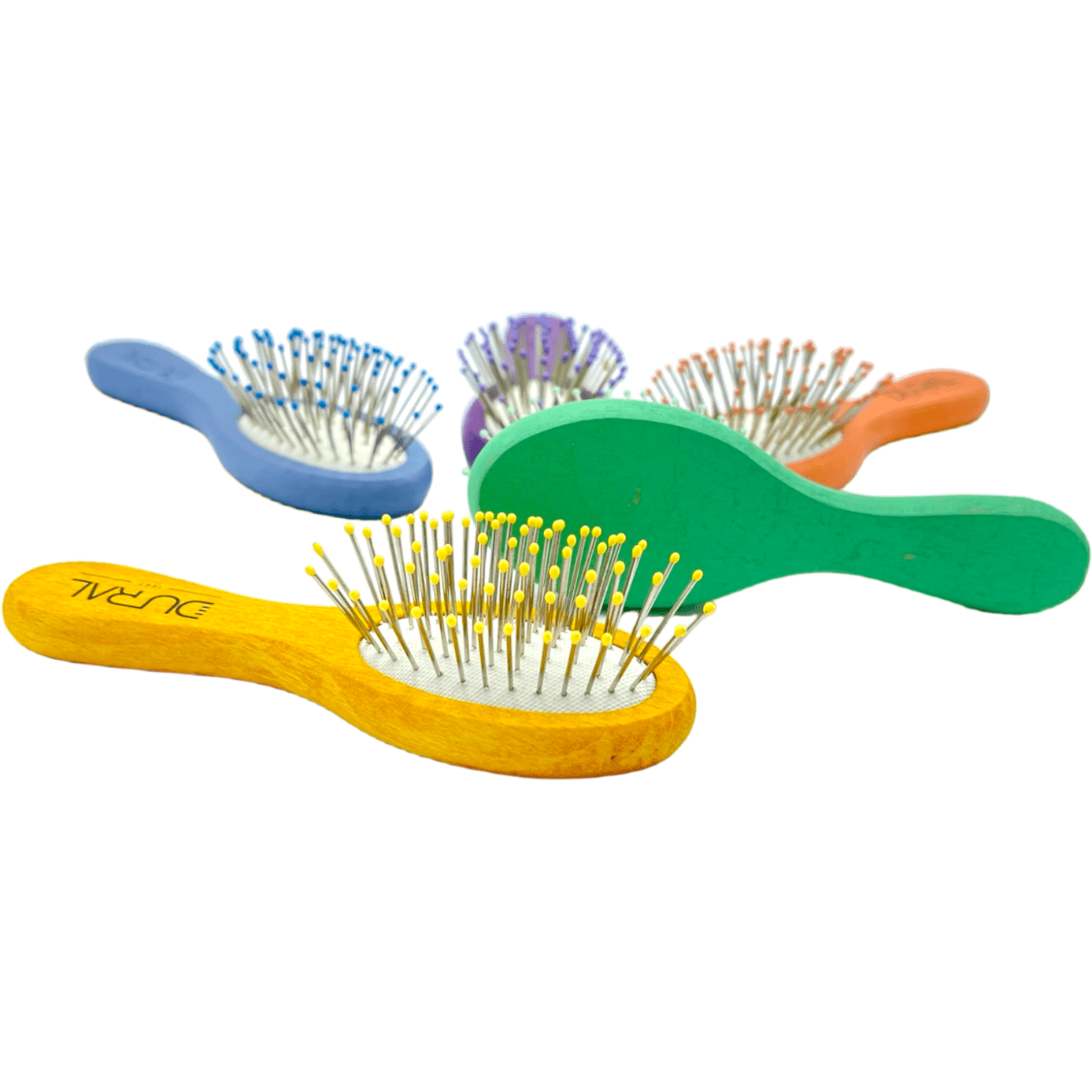 Dural Beech wood rubber cushion mini brush with steel pins and ball tips - assorted colors