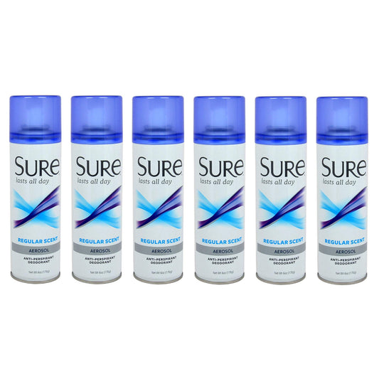 Aerosol Regular Scent Anti-Perspirant and Deodorant by Sure for Unisex - 6 oz Deodorant Spray - Pack of 6